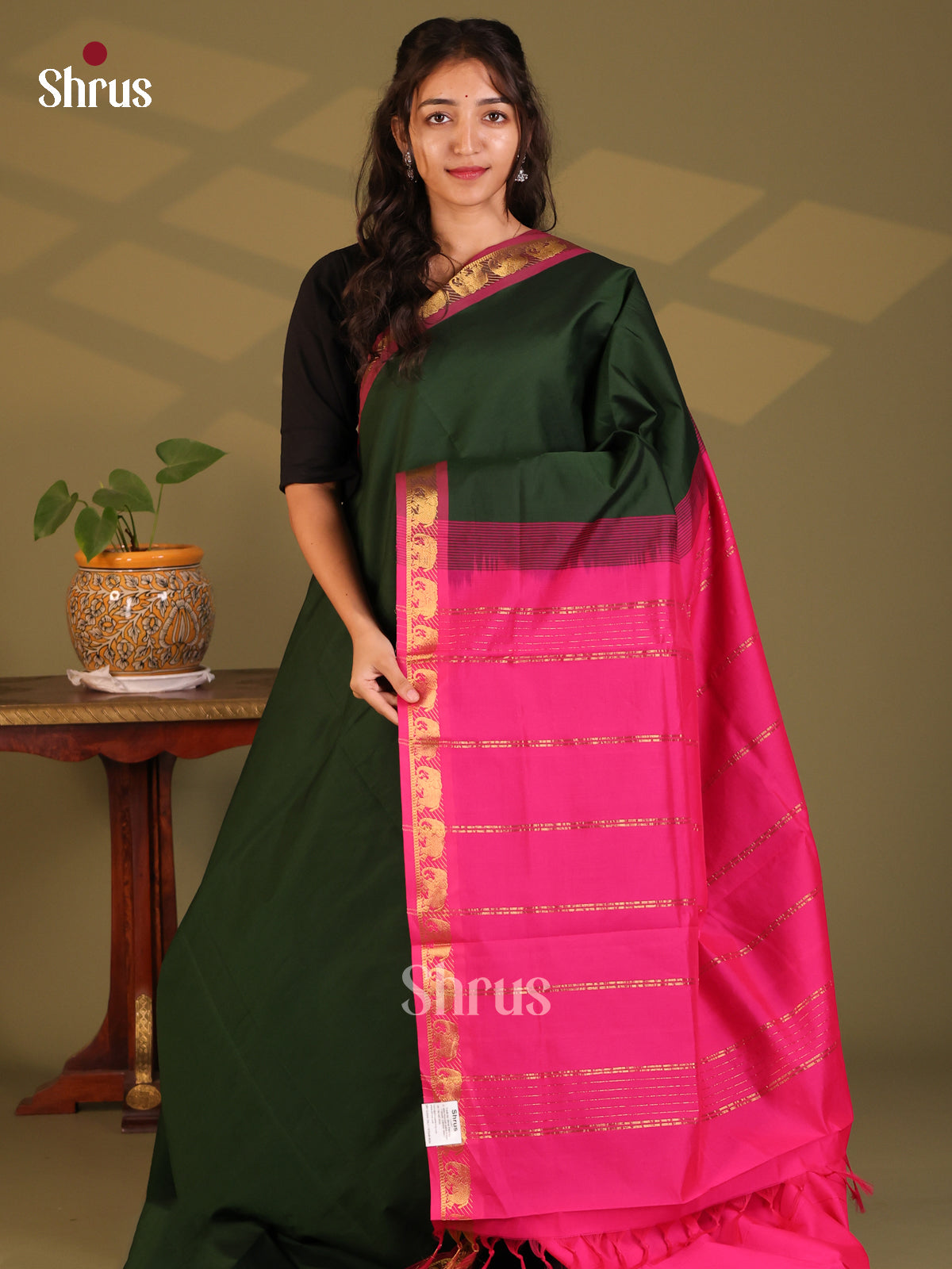 Bottle Green with Pink - Silkcotton-halfpure Saree - Shop on Shrus.com