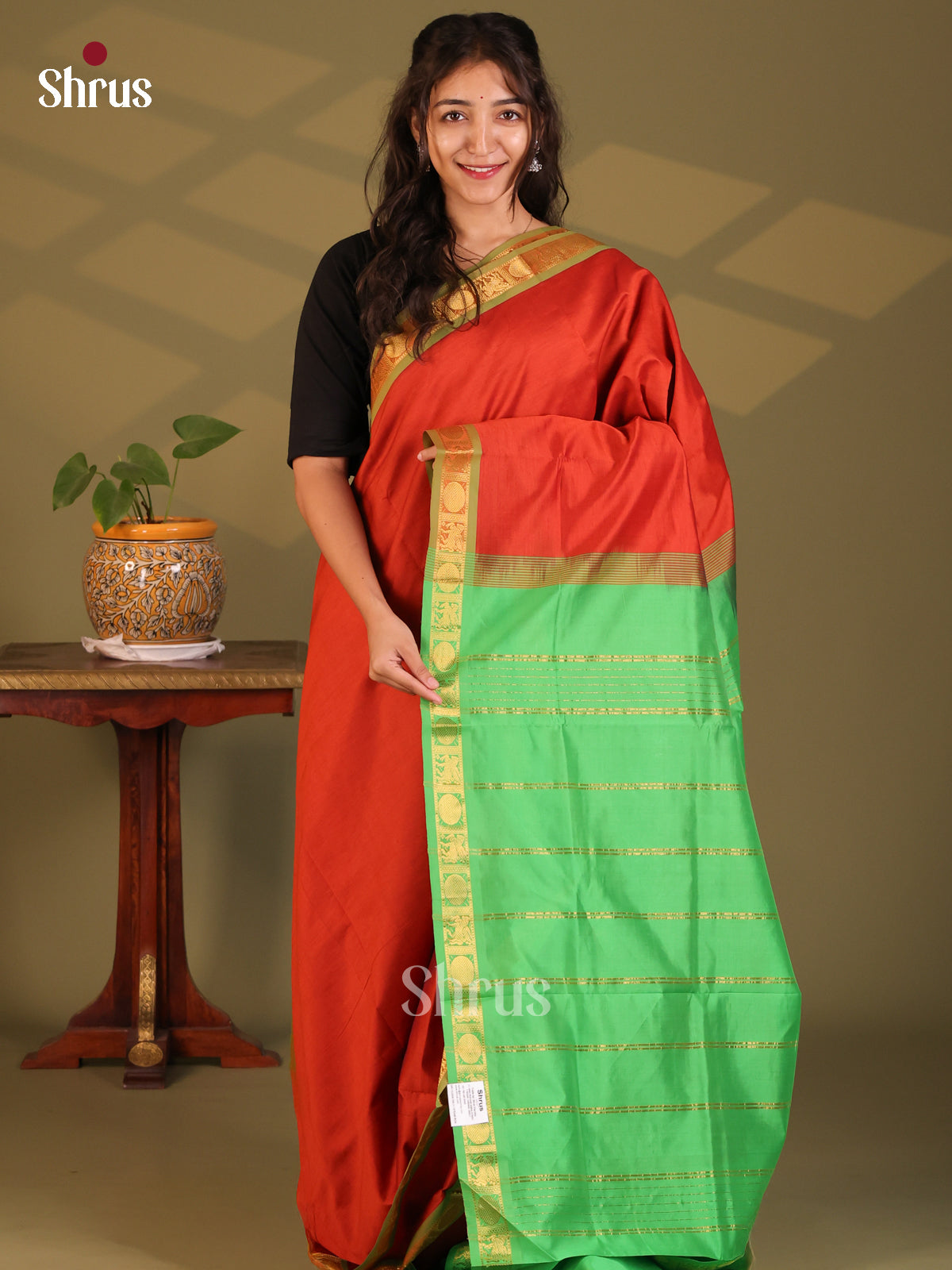 Red with Green - Silkcotton-halfpure Saree - Shop on Shrus.com