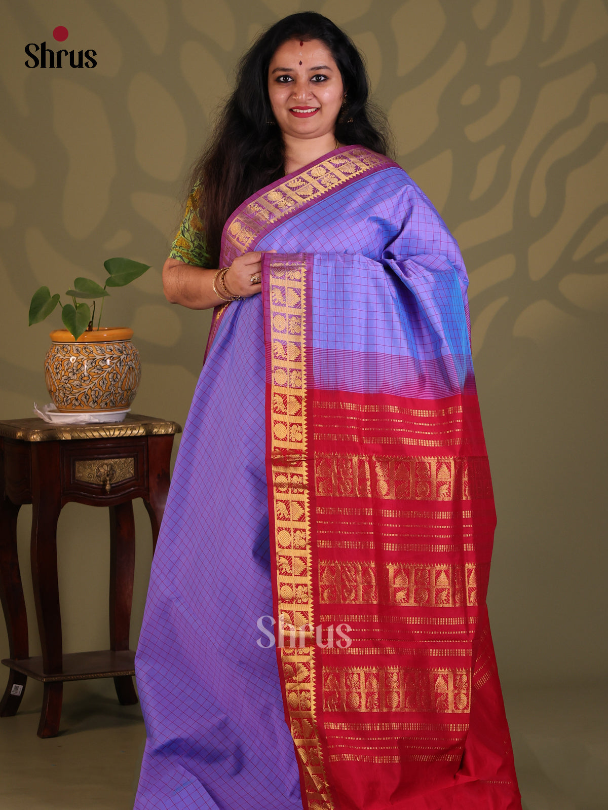 Purple with Red- Silkcotton-halfpure Saree - Shop on Shrus.com