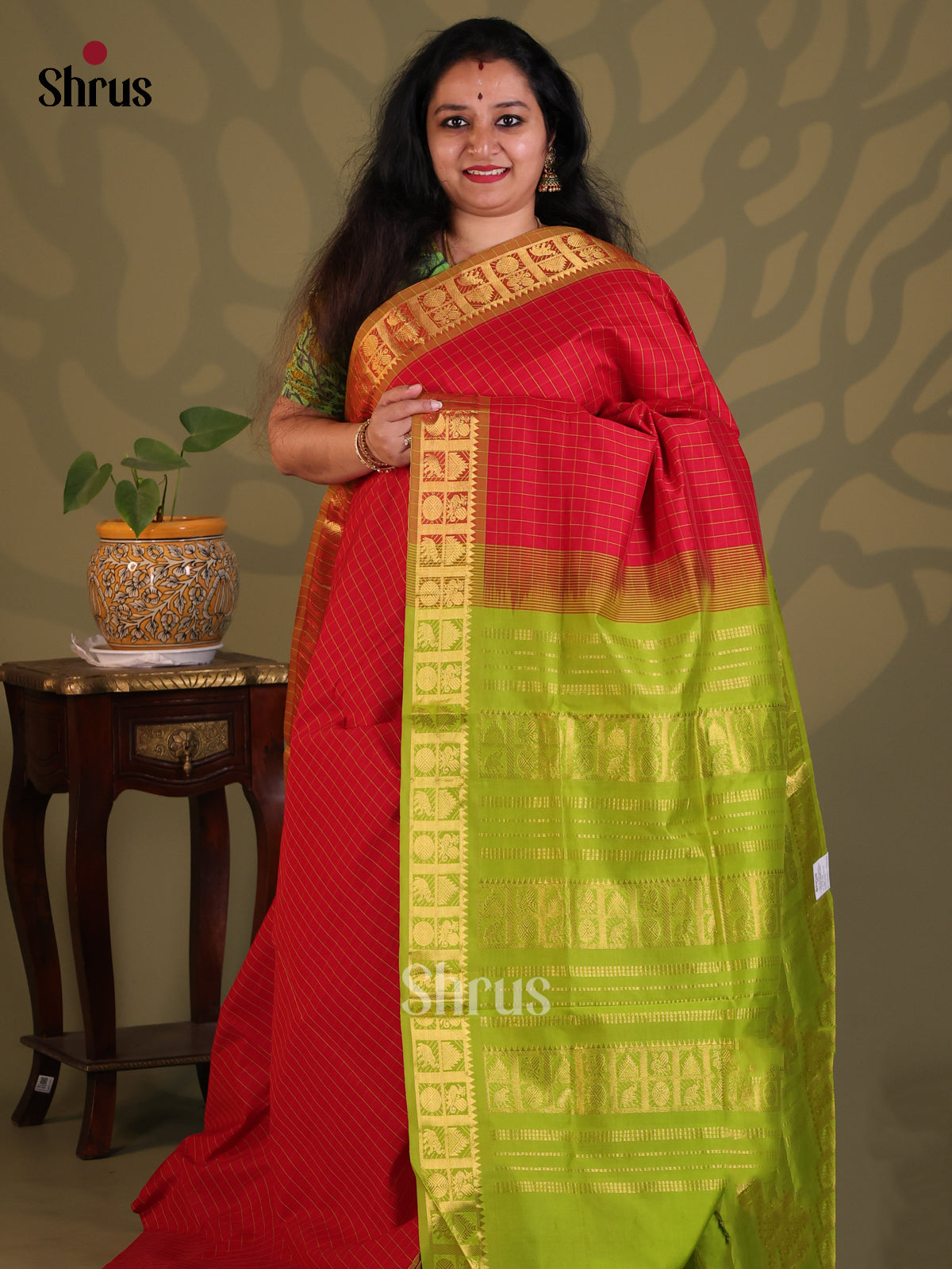 Red with Green - Silkcotton-halfpure Saree - Shop on Shrus.com