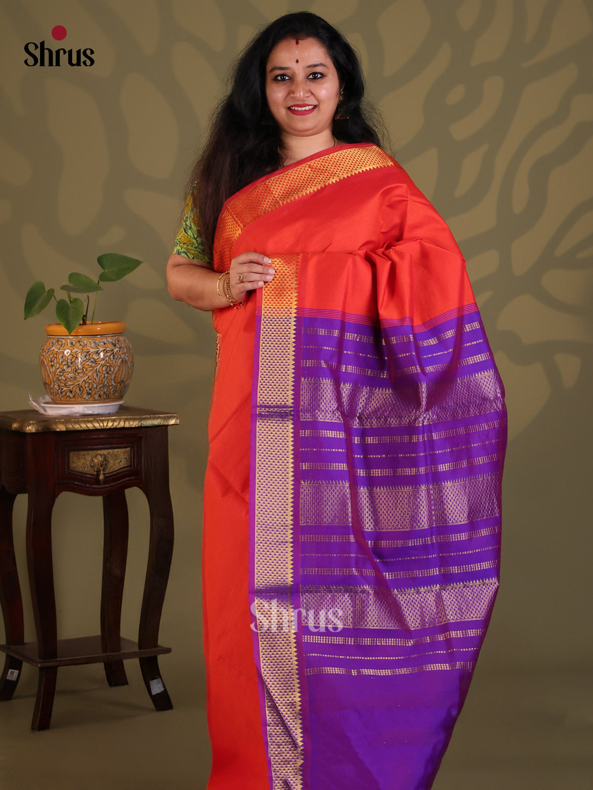 Red with Violet- Silkcotton-halfpure Saree - Shop on Shrus.com