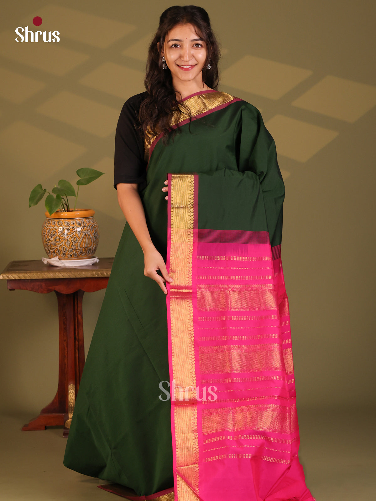 Dark Green with Pink - Silkcotton-halfpure Saree - Shop on Shrus.com