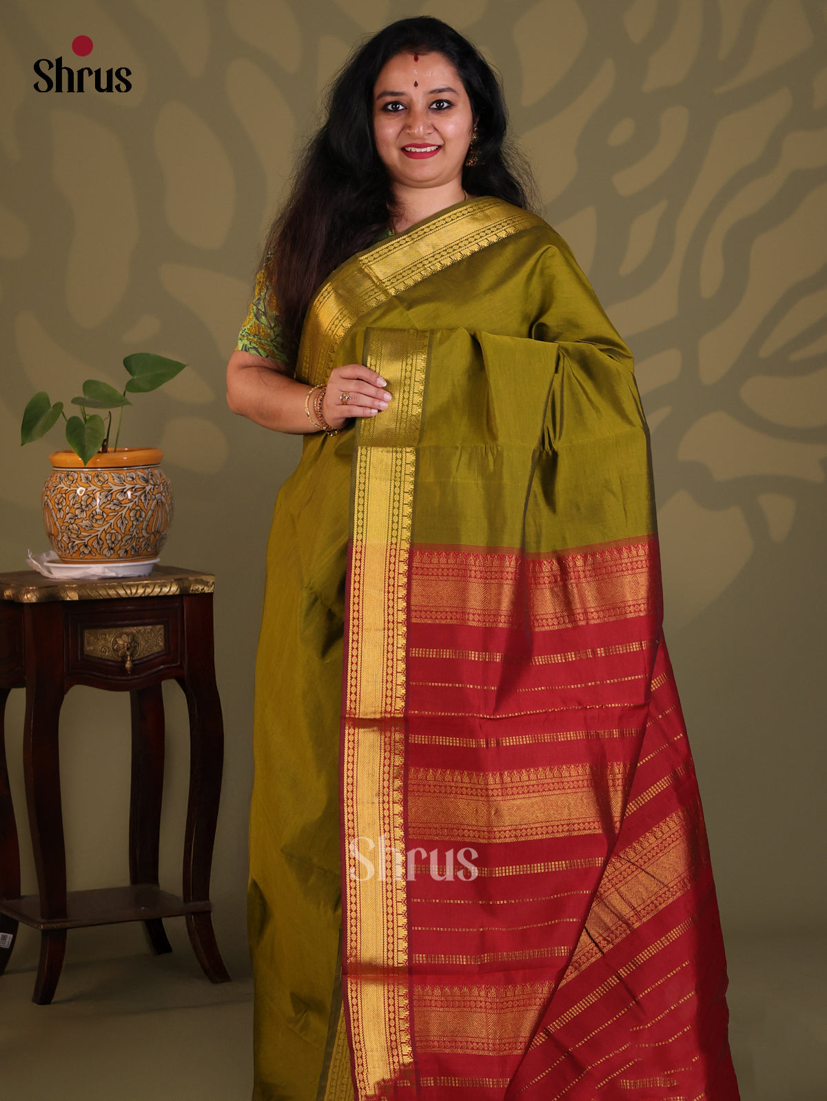 Mehandi Green with Maroon - Silkcotton-halfpure Saree - Shop on Shrus.com