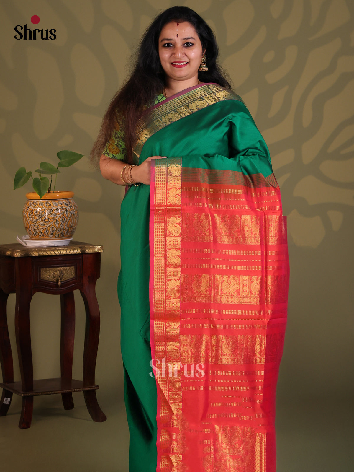 Green with Red - Silkcotton-halfpure Saree - Shop on Shrus.com