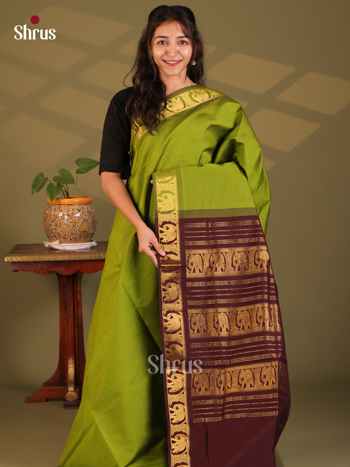 Green with Brown - Silkcotton-halfpure Saree - Shop on Shrus.com