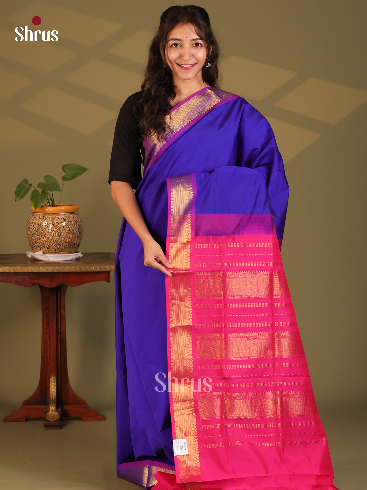 Blue with Pink - Silkcotton-halfpure Saree - Shop on Shrus.com