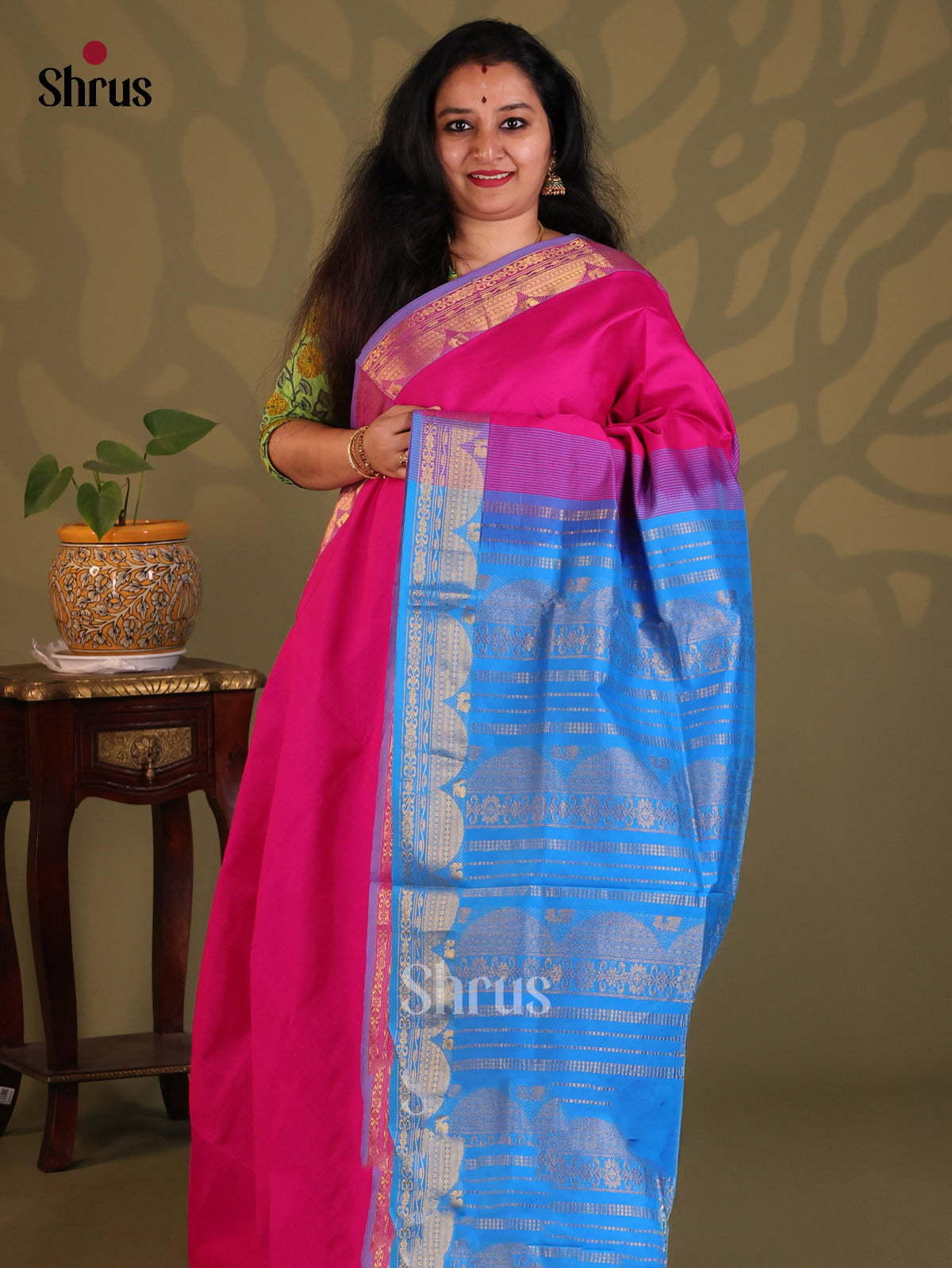 Pink With Blue- Silkcotton-halfpure Saree - Shop on Shrus.com