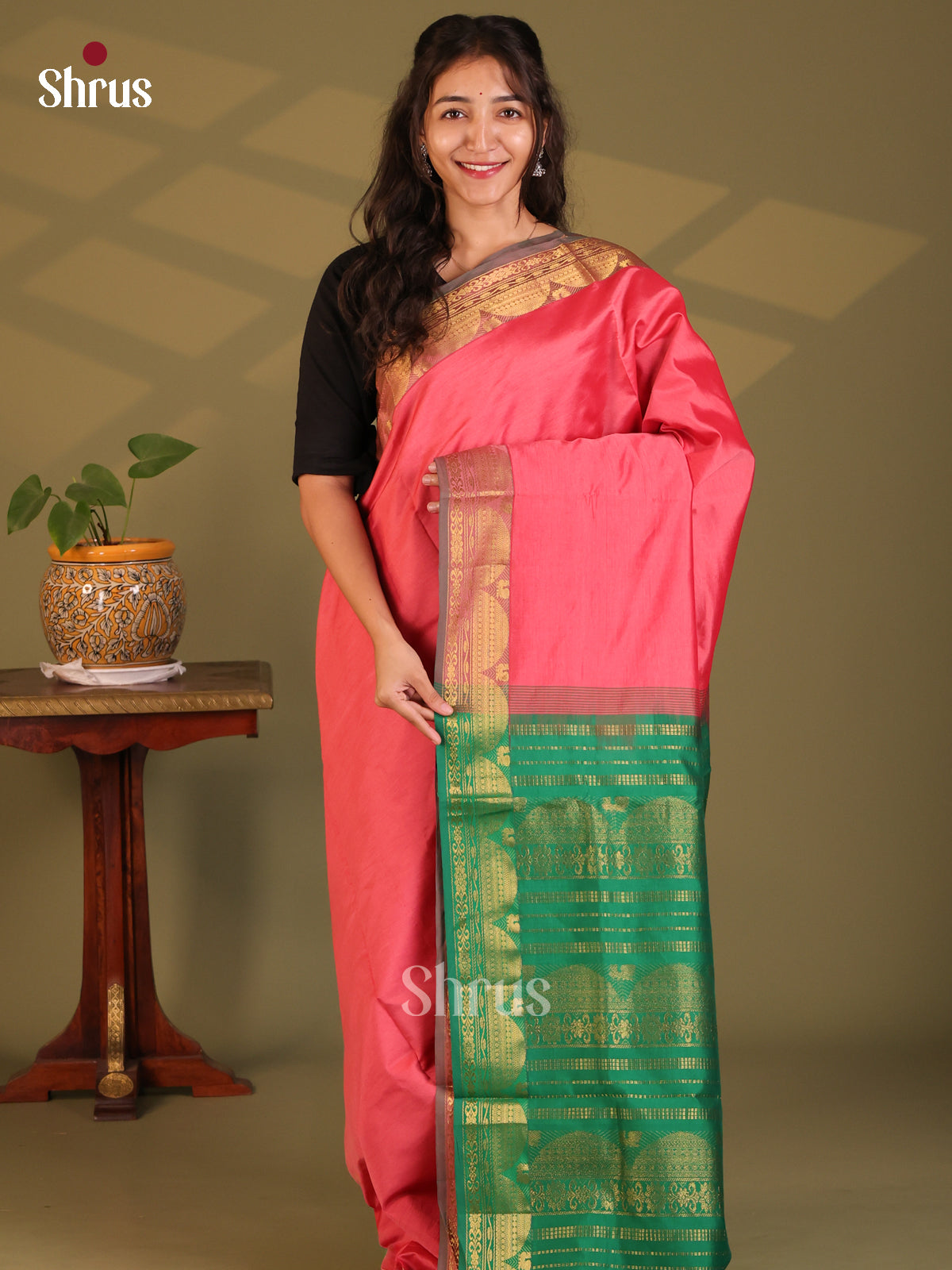 Pink with Green - Silkcotton-halfpure Saree - Shop on Shrus.com