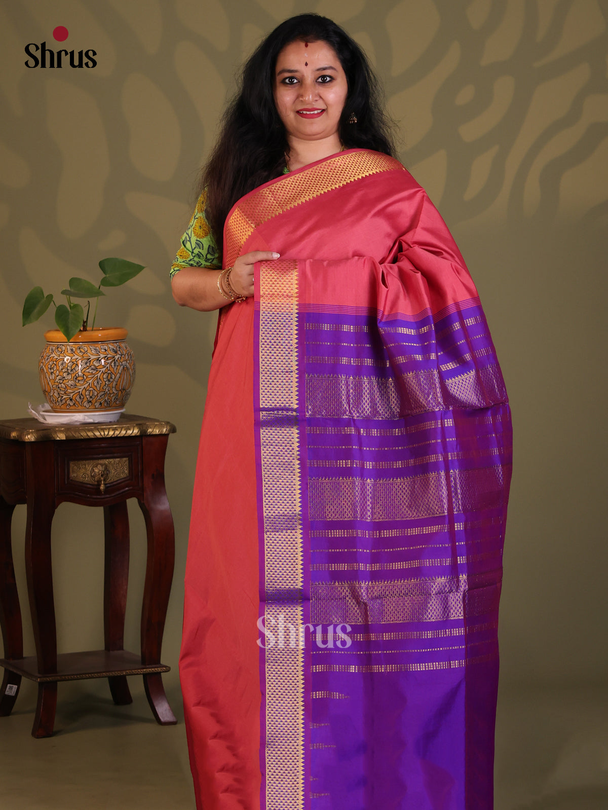 Red with Violet- Silkcotton-halfpure Saree - Shop on Shrus.com