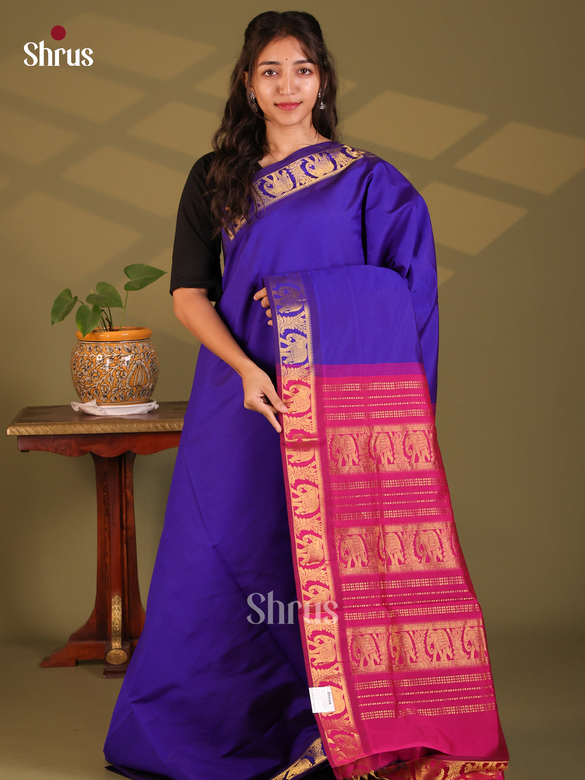 Blue with Purple- Silkcotton-halfpure Saree - Shop on Shrus.com