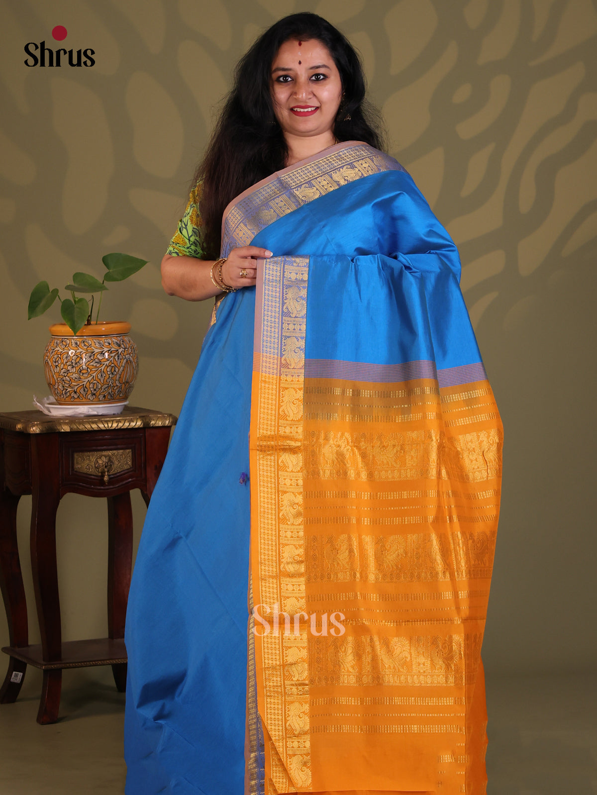 Blue iwith Mustard - Silkcotton-halfpure Saree - Shop on Shrus.com