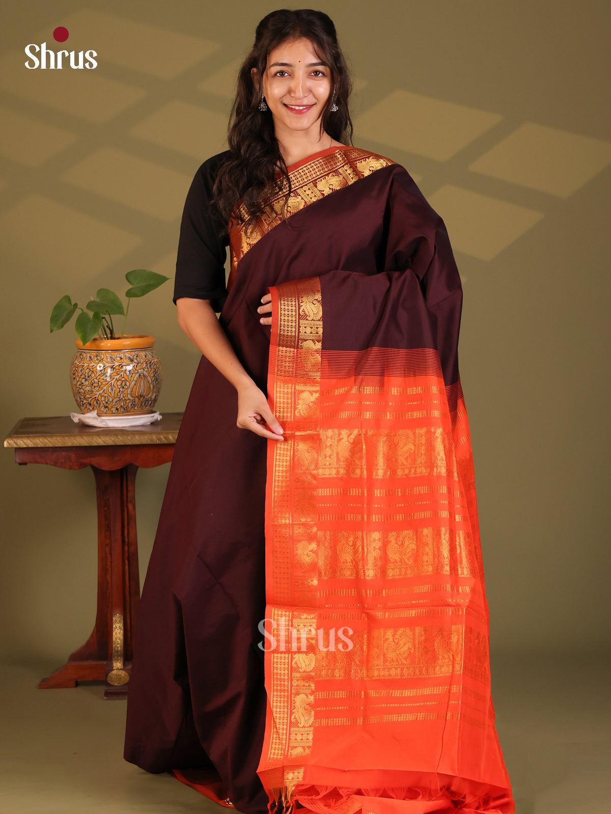 Dark Brown with Red- Silkcotton-halfpure Saree - Shop on Shrus.com