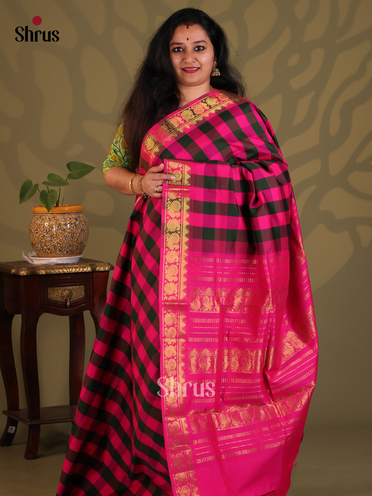 Pink  & Green - Silkcotton-halfpure Saree - Shop on Shrus.com