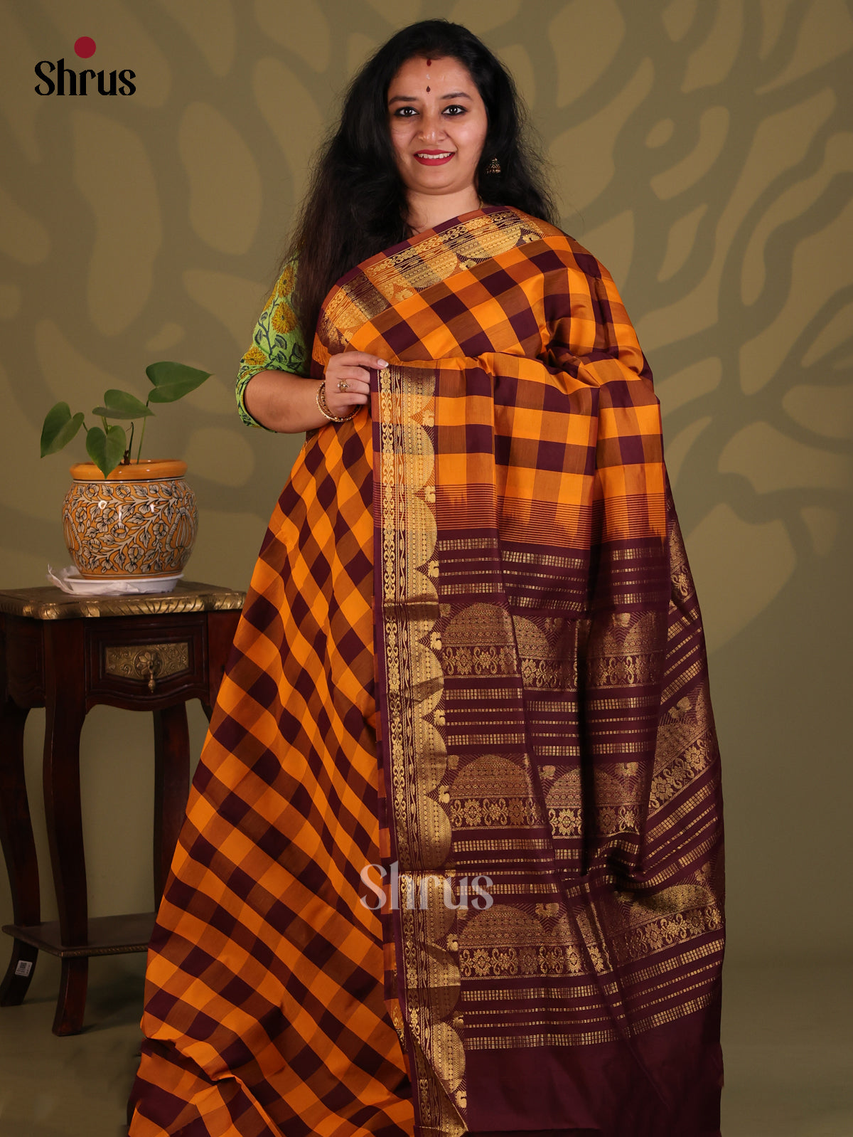 Mustard & Arakku Maroon - Silkcotton-halfpure Saree - Shop on Shrus.com