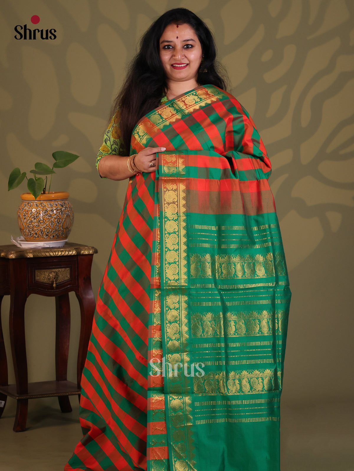 Red with Green- Silkcotton-halfpure Saree - Shop on Shrus.com