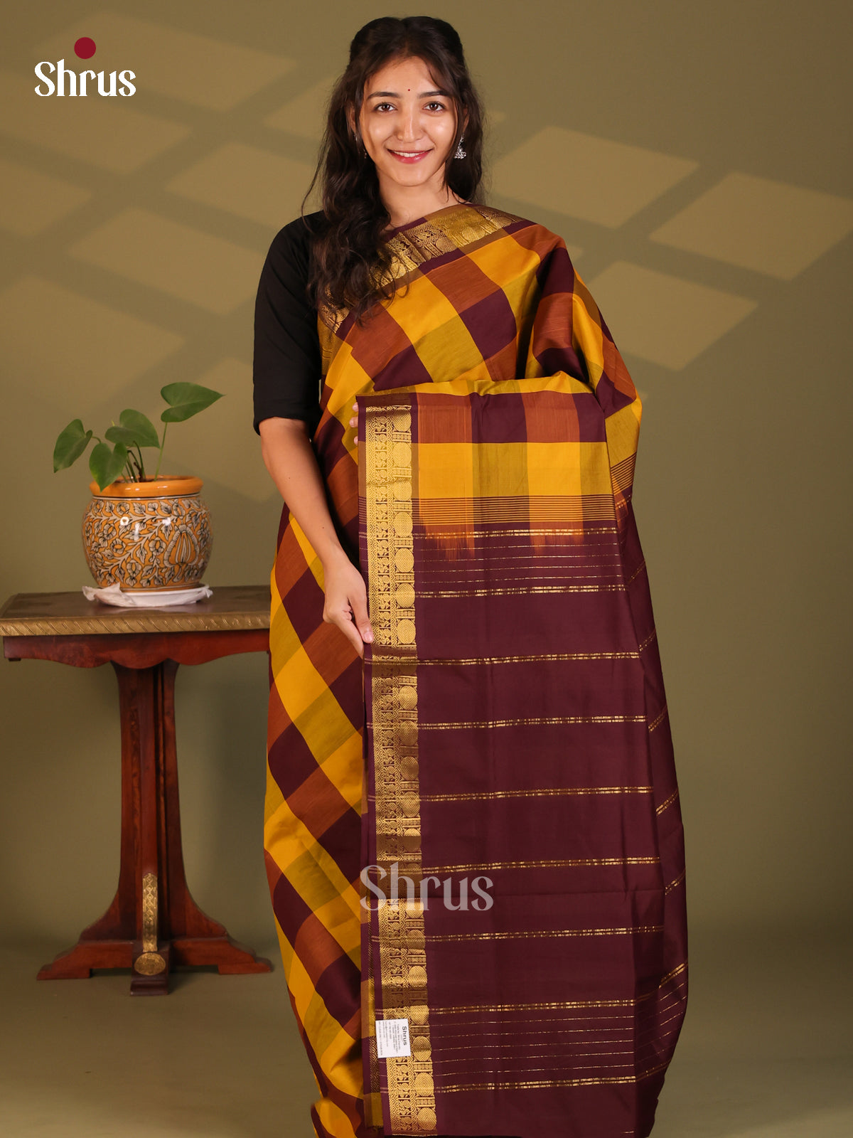 Mustard & Maroon- Silkcotton-halfpure Saree - Shop on Shrus.com