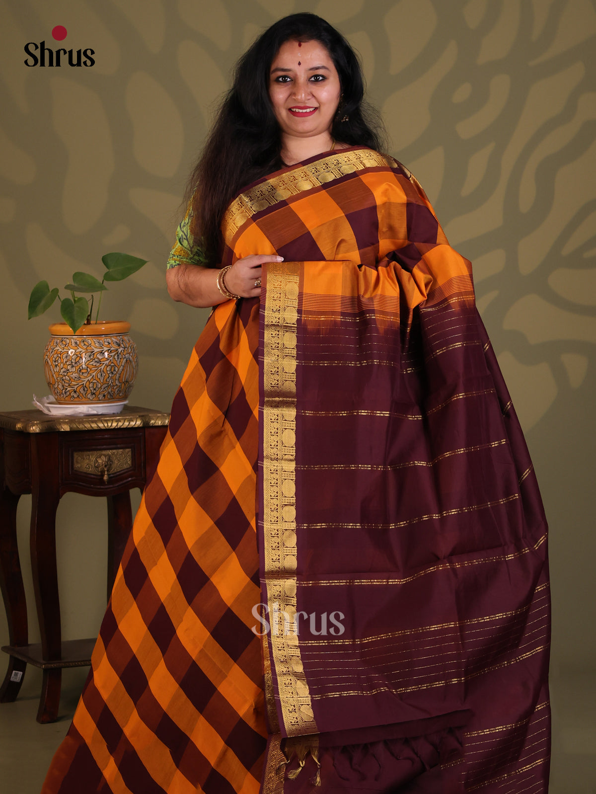 Mustard & Arakku Maroon- Silkcotton-halfpure Saree - Shop on Shrus.com