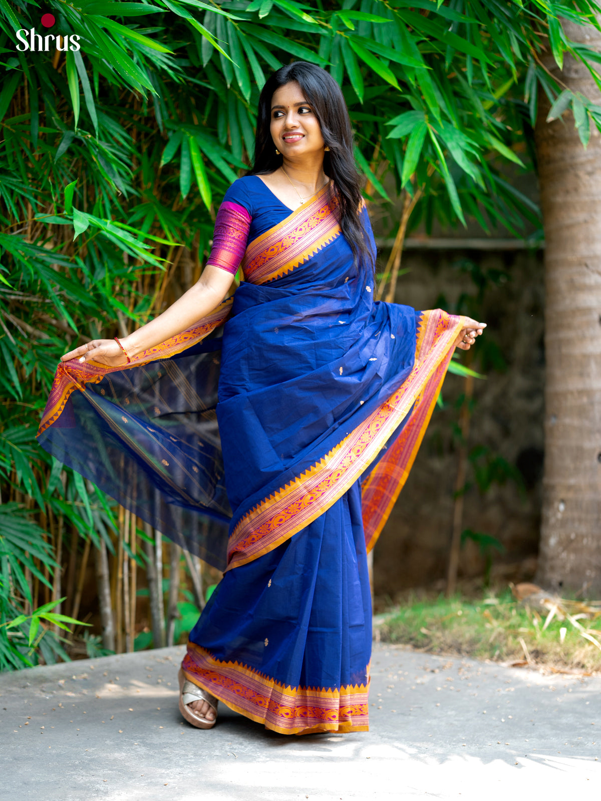 Pretty Blue Chettinad Cotton Saree With Thread Woven Buttas & Mustard Border - Shop on Shrus.com