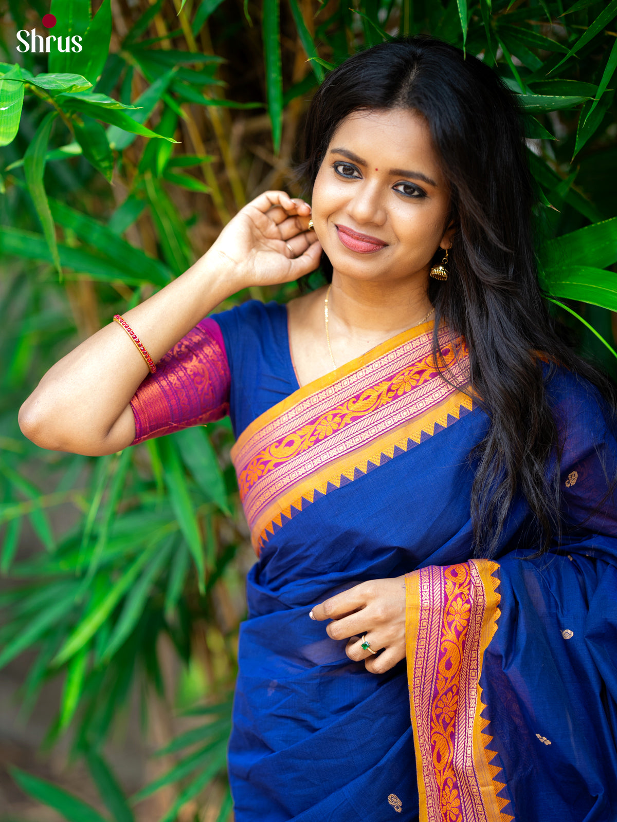 Pretty Blue Chettinad Cotton Saree With Thread Woven Buttas & Mustard Border - Shop on Shrus.com