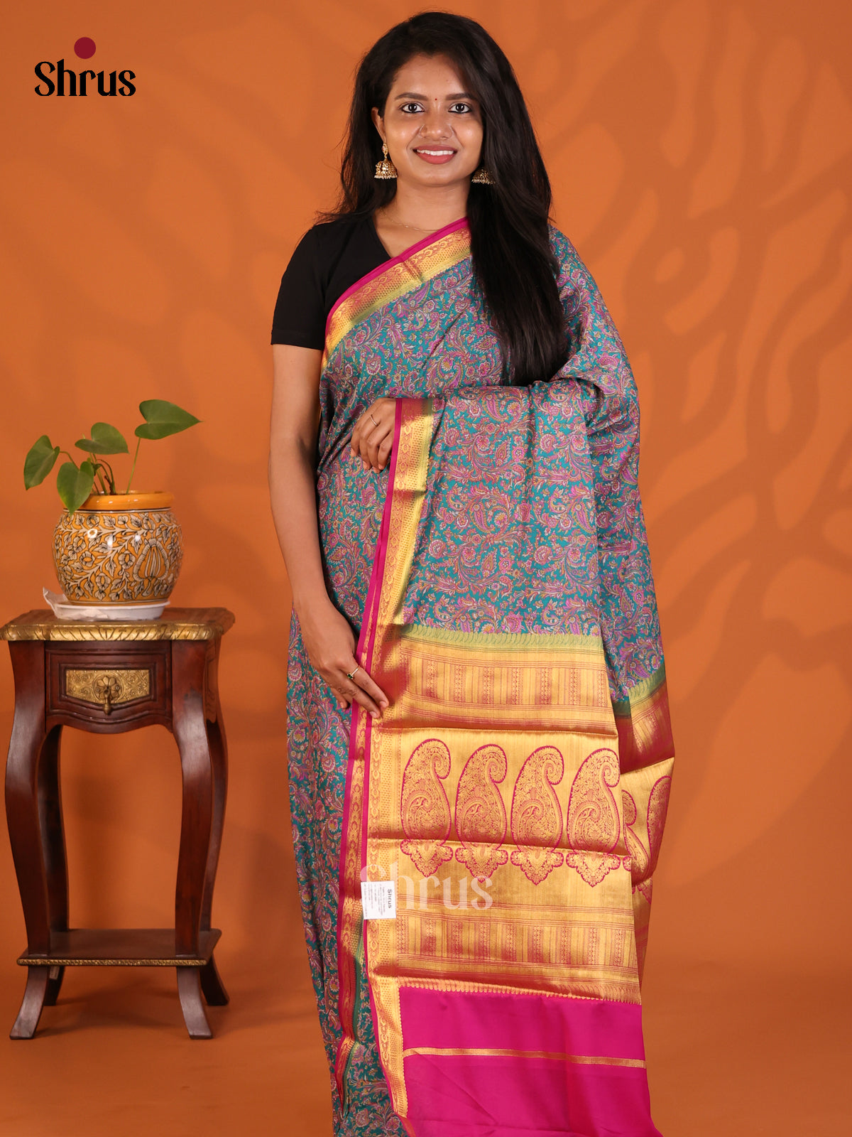 Blue with Pink - Semi Mysoresilk Saree - Shop on Shrus.com
