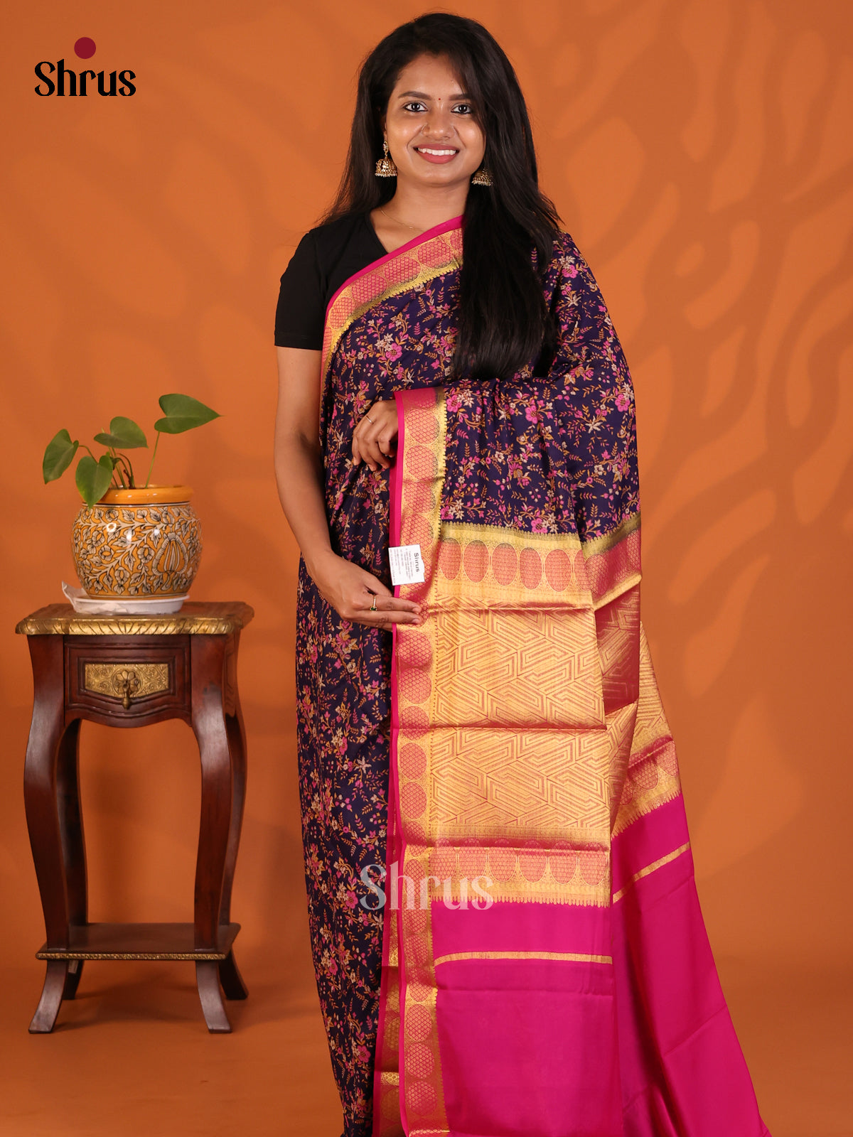 Violet with Pink - Semi Mysoresilk Saree - Shop on Shrus.com