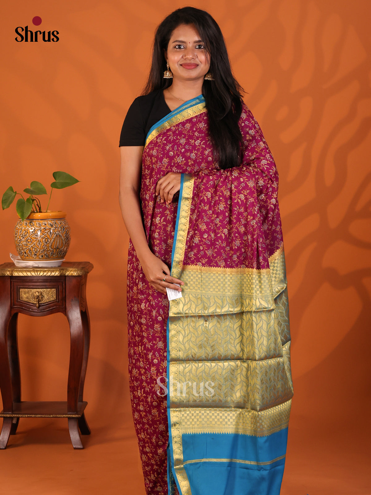 Wine with Blue - Semi Mysoresilk Saree - Shop on Shrus.com