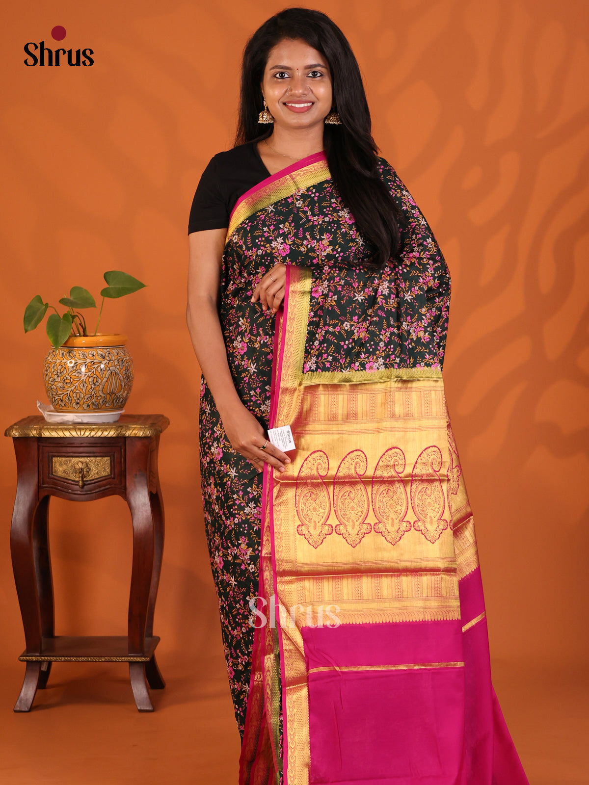 Dark Green with Pink - Semi Mysoresilk Saree - Shop on Shrus.com