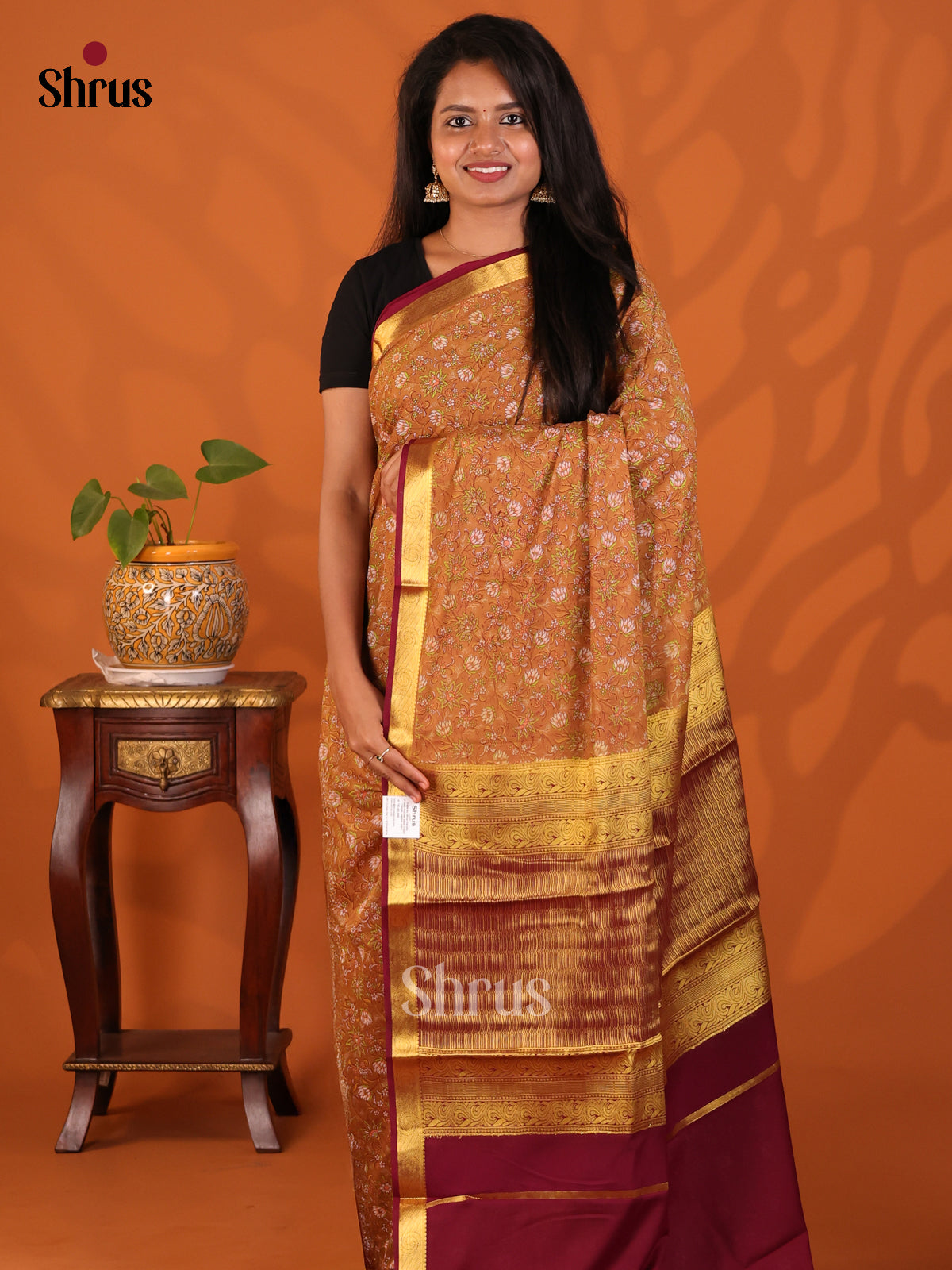 Brown with Maroon- Semi Mysoresilk Saree - Shop on Shrus.com