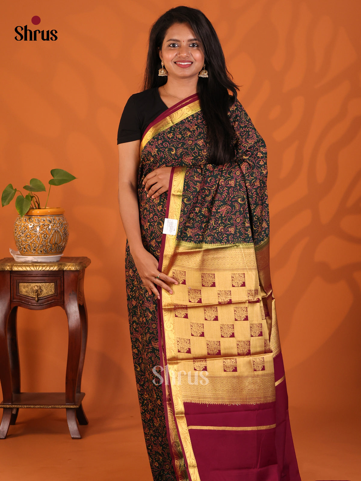 Dark Green with Maroon - Semi Mysoresilk Saree - Shop on Shrus.com