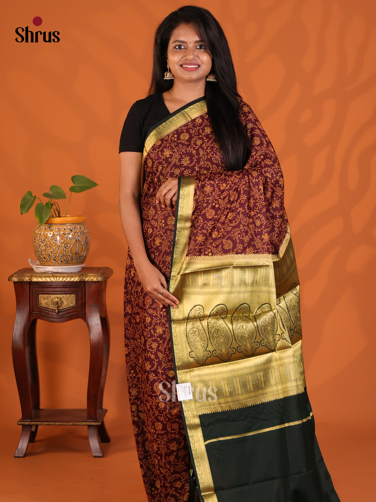 Brown with Dark Green - Semi Mysoresilk Saree - Shop on Shrus.com
