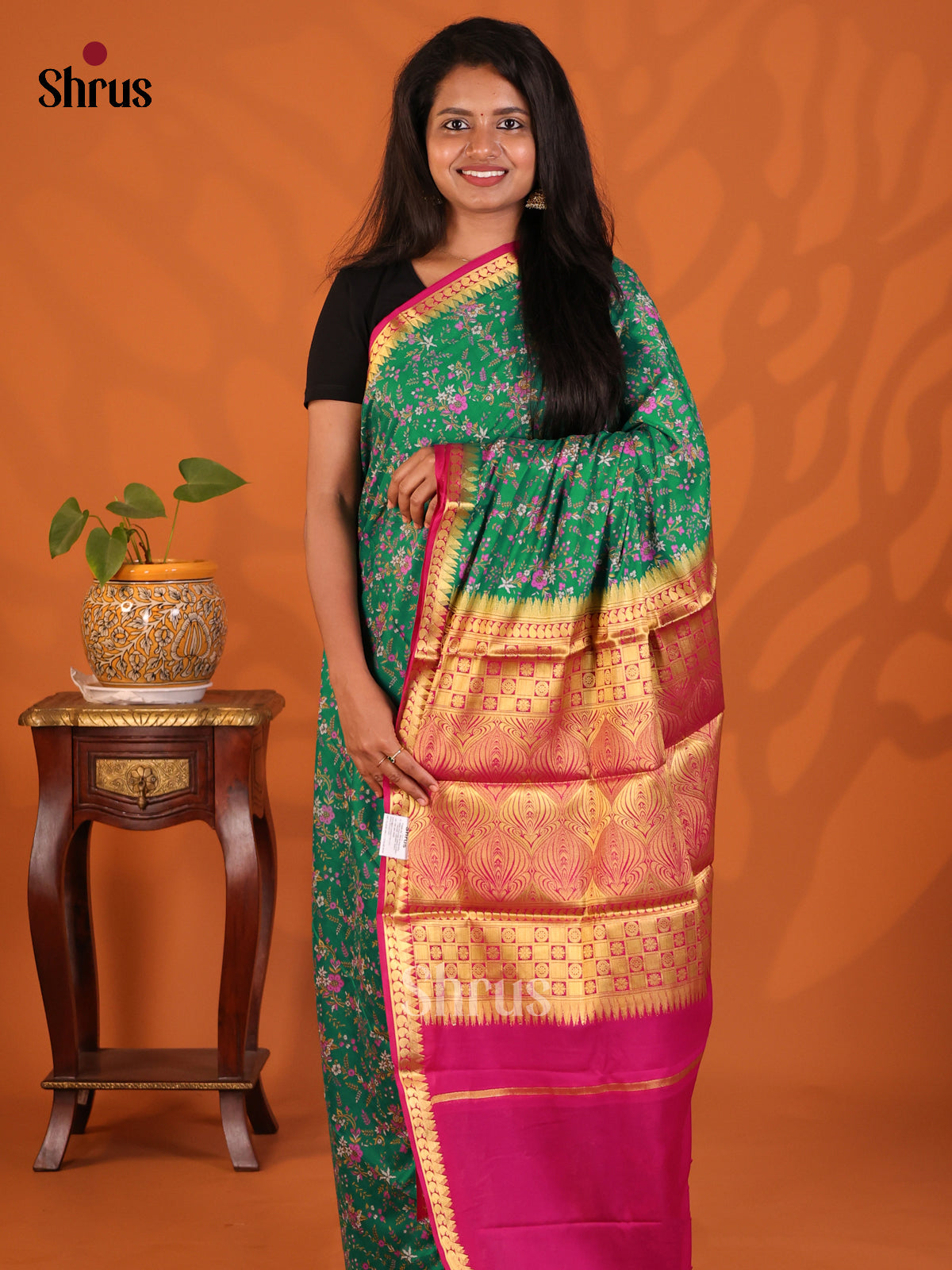 Green with Pink - Semi Mysoresilk Saree - Shop on Shrus.com