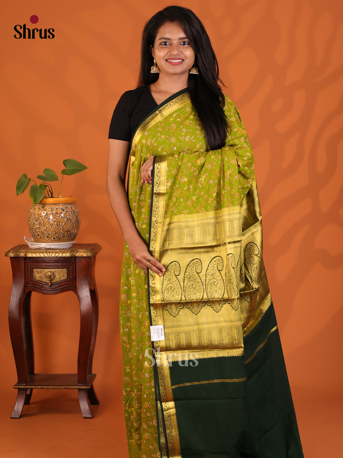 Lite Green with Dark Green - Semi Mysoresilk Saree - Shop on Shrus.com