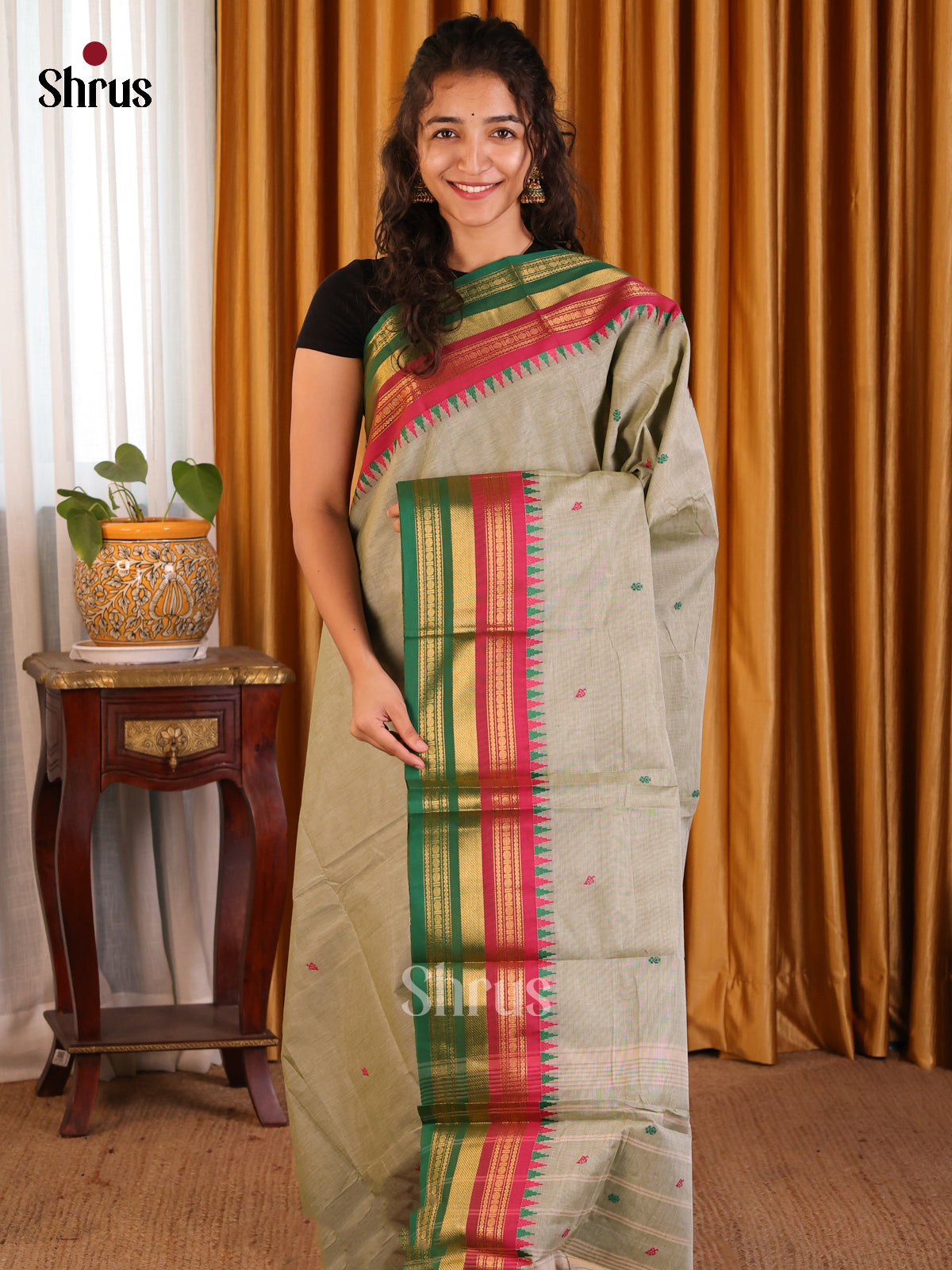 Grey with Green- Chettinad Cotton Saree - Shop on Shrus.com