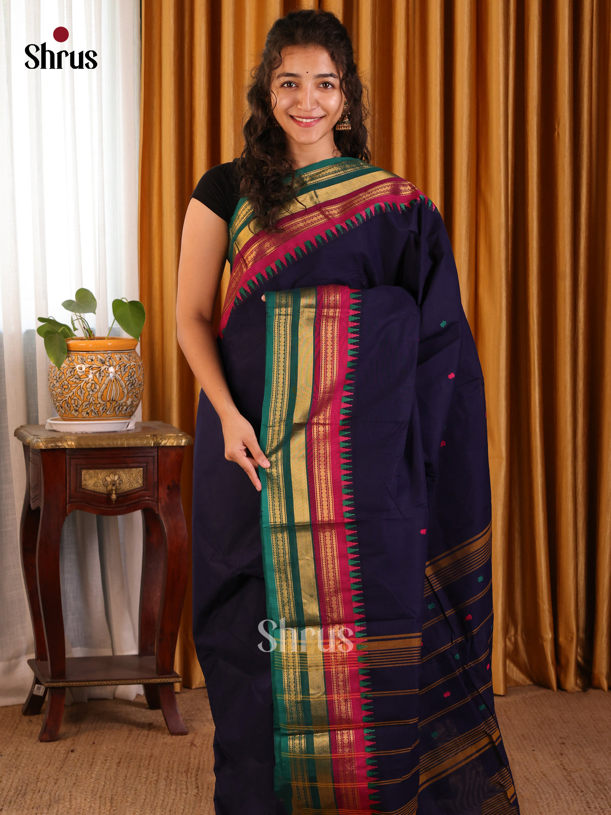 Blue with Green- Chettinad Cotton Saree - Shop on Shrus.com