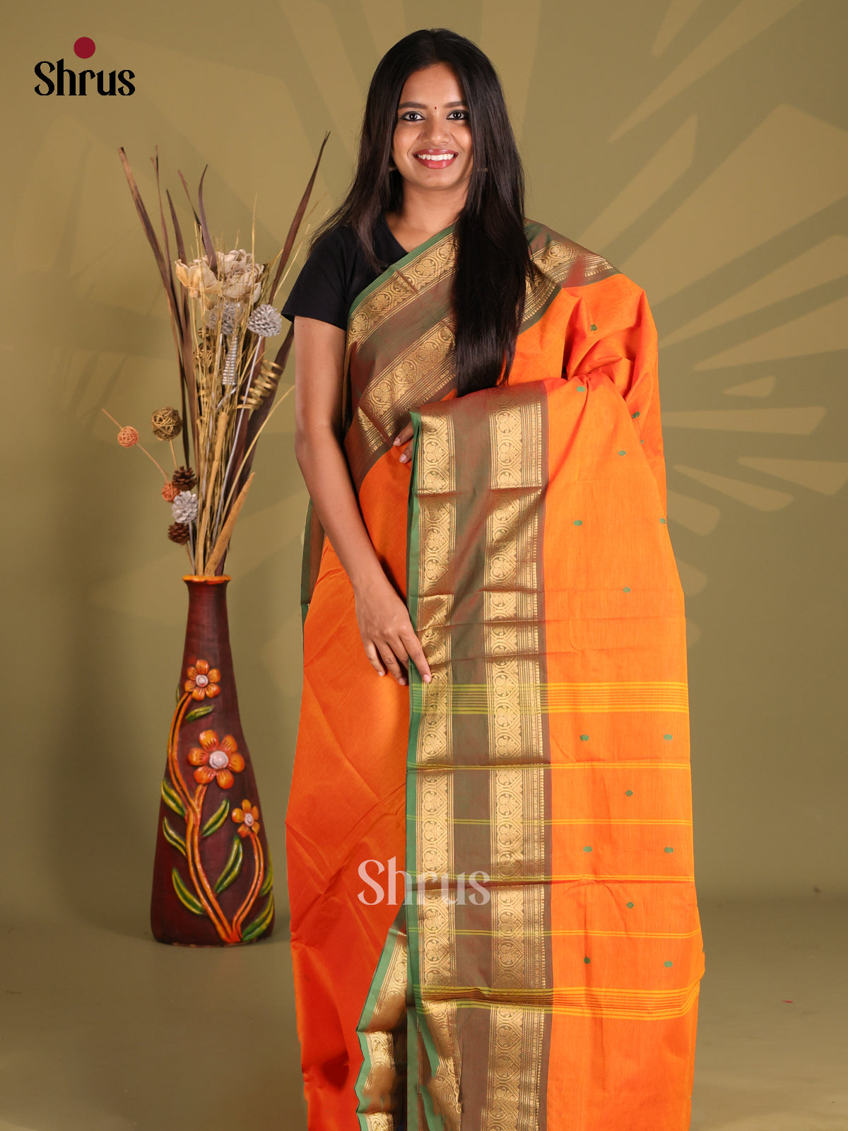 Orange & Green - Chettinad Cotton Saree - Shop on Shrus.com