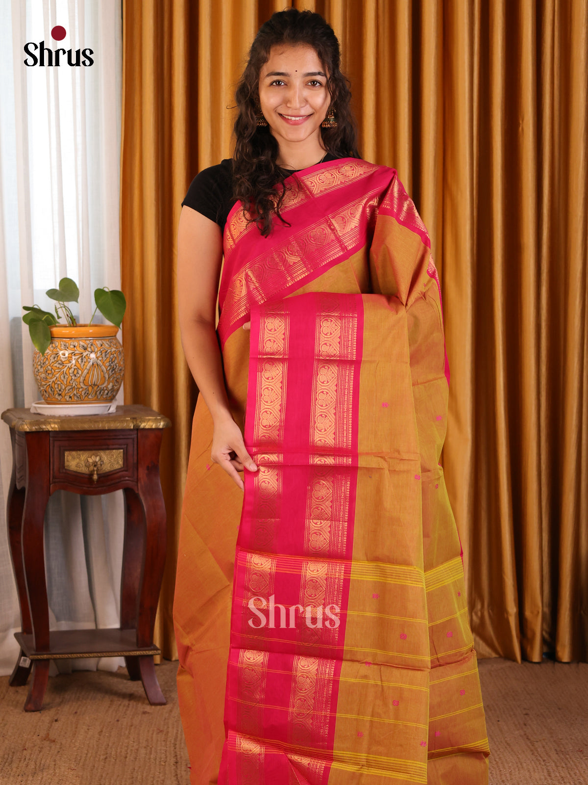 Mustard with Maroon - Chettinad Cotton Saree - Shop on Shrus.com