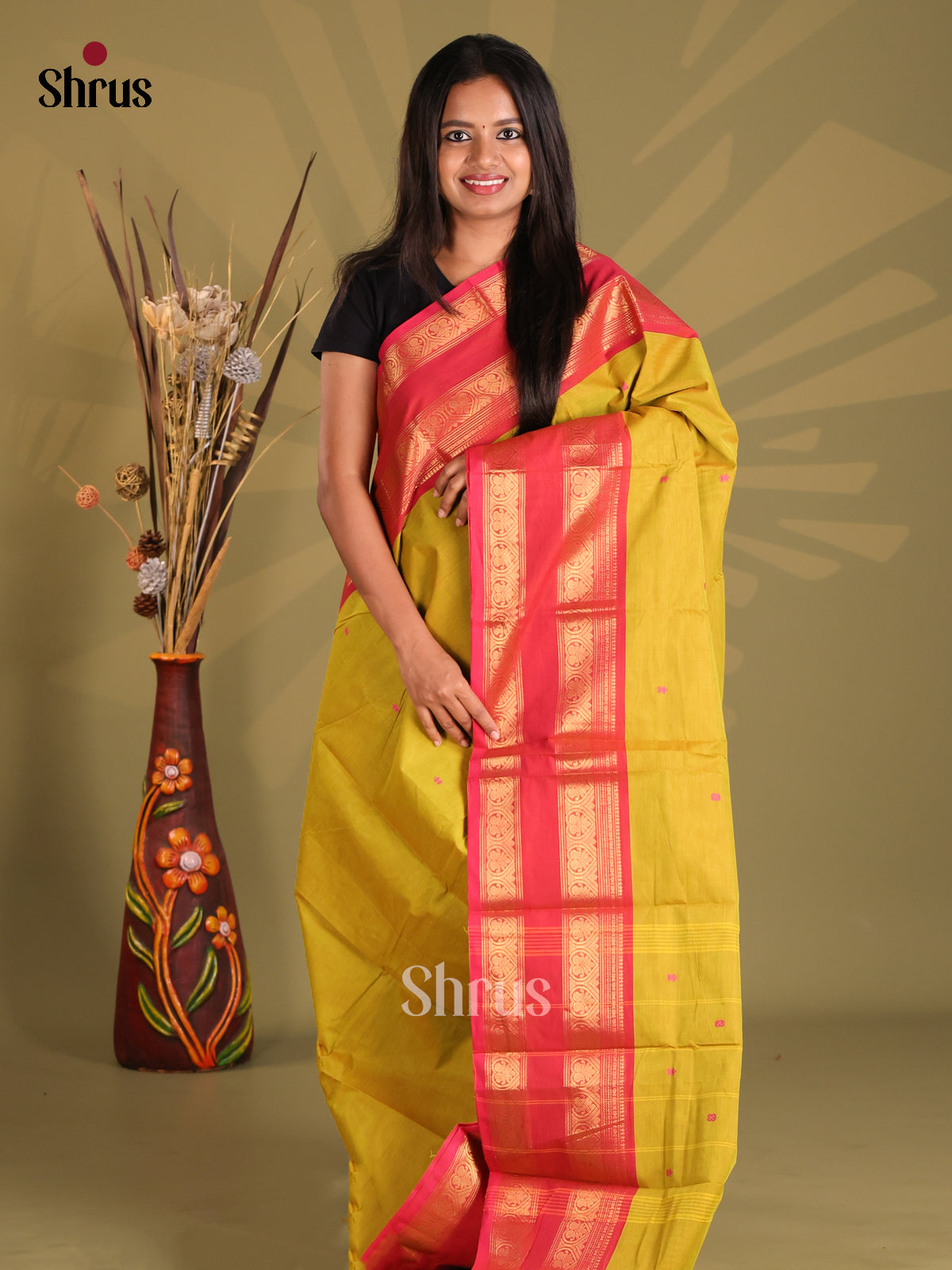 Mustardy Green & Orangish Pink - Chettinad Cotton Saree - Shop on Shrus.com