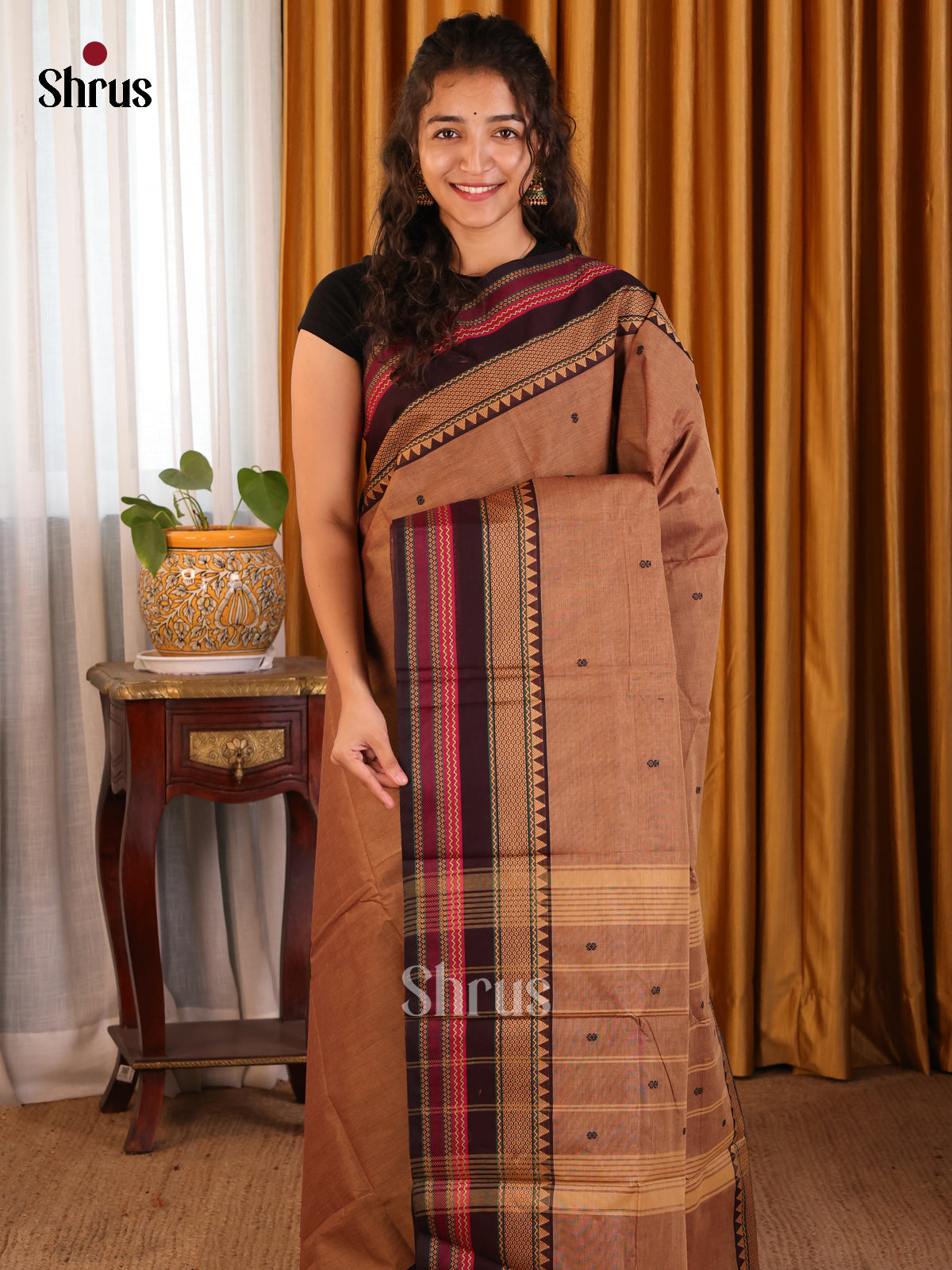 Brown with Black - Chettinad Cotton Saree - Shop on Shrus.com