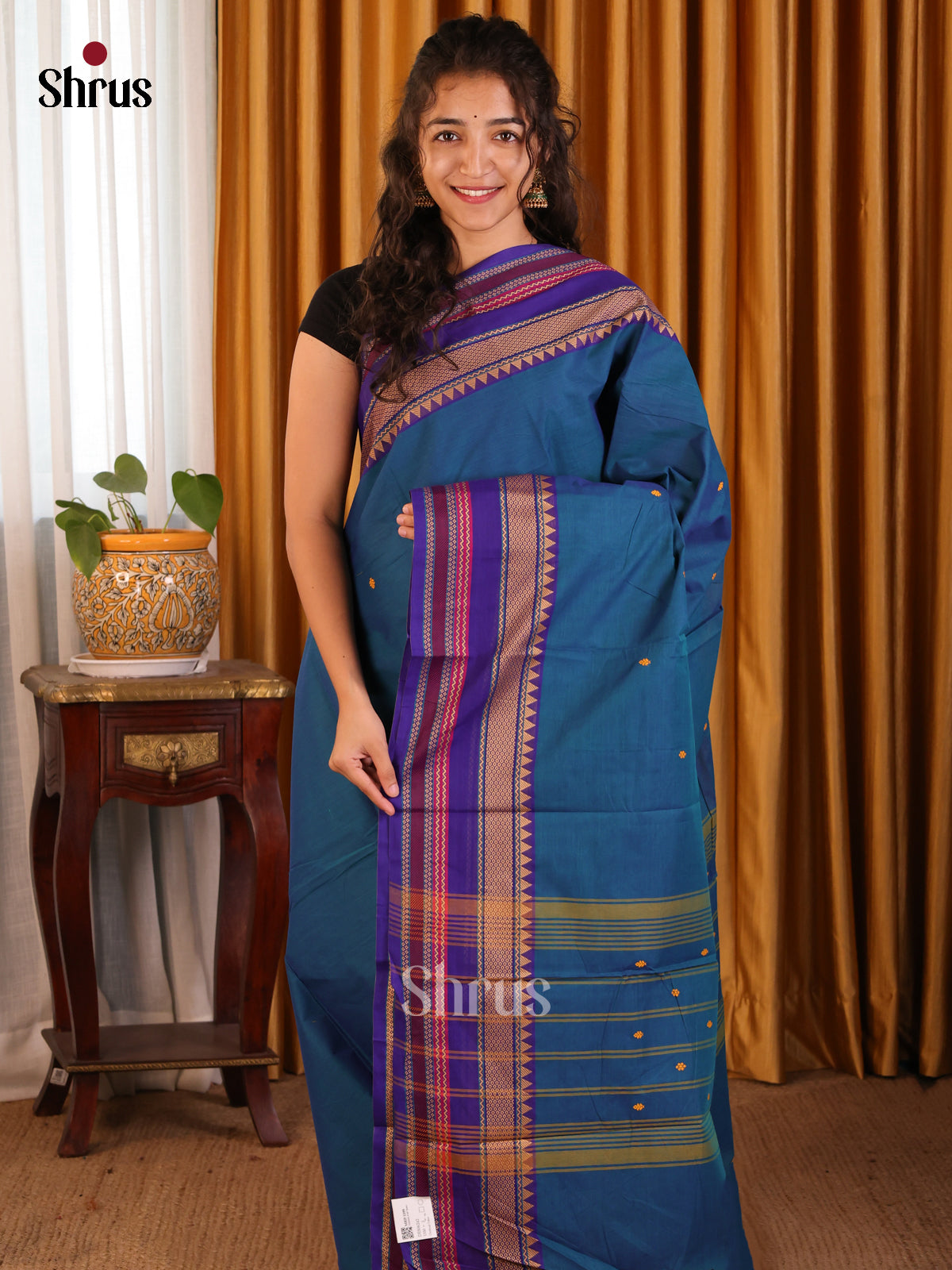 Classic Teal Chettinad Cotton Saree with Thread Buttas & Blue Zari Border - Shop on Shrus.com