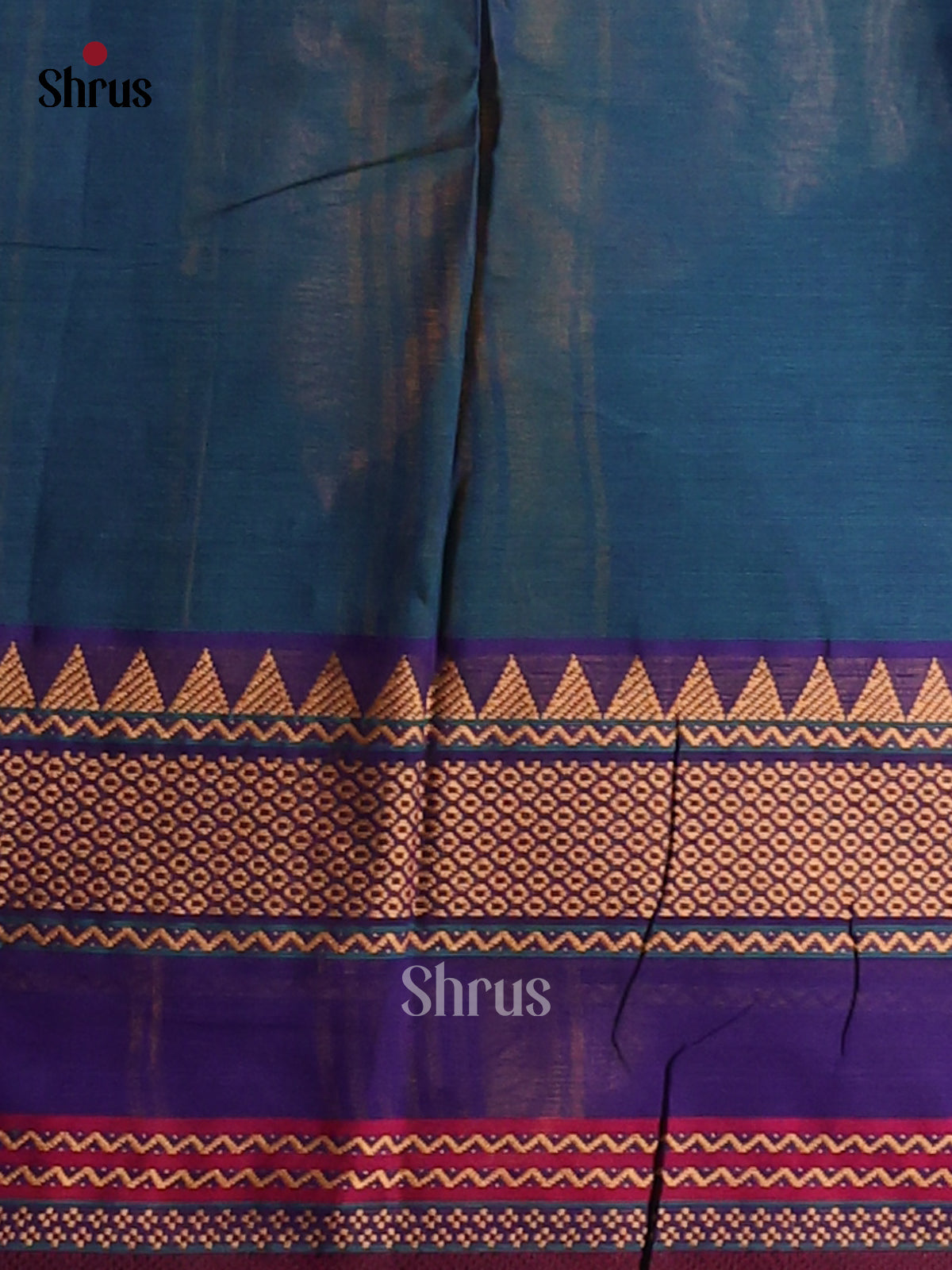 Classic Teal Chettinad Cotton Saree with Thread Buttas & Blue Zari Border - Shop on Shrus.com