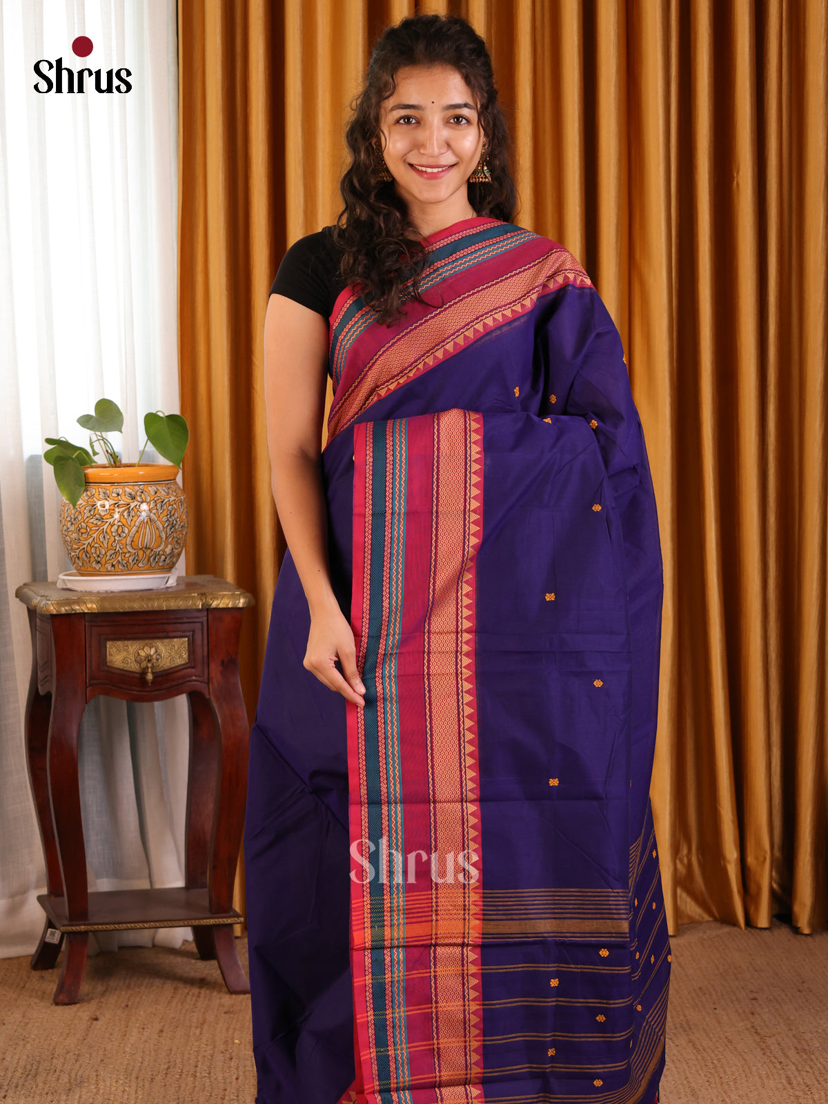 Classic Blue Chettinad Cotton Saree with Buttas & Maroon Zari Woven Border - Shop on Shrus.com