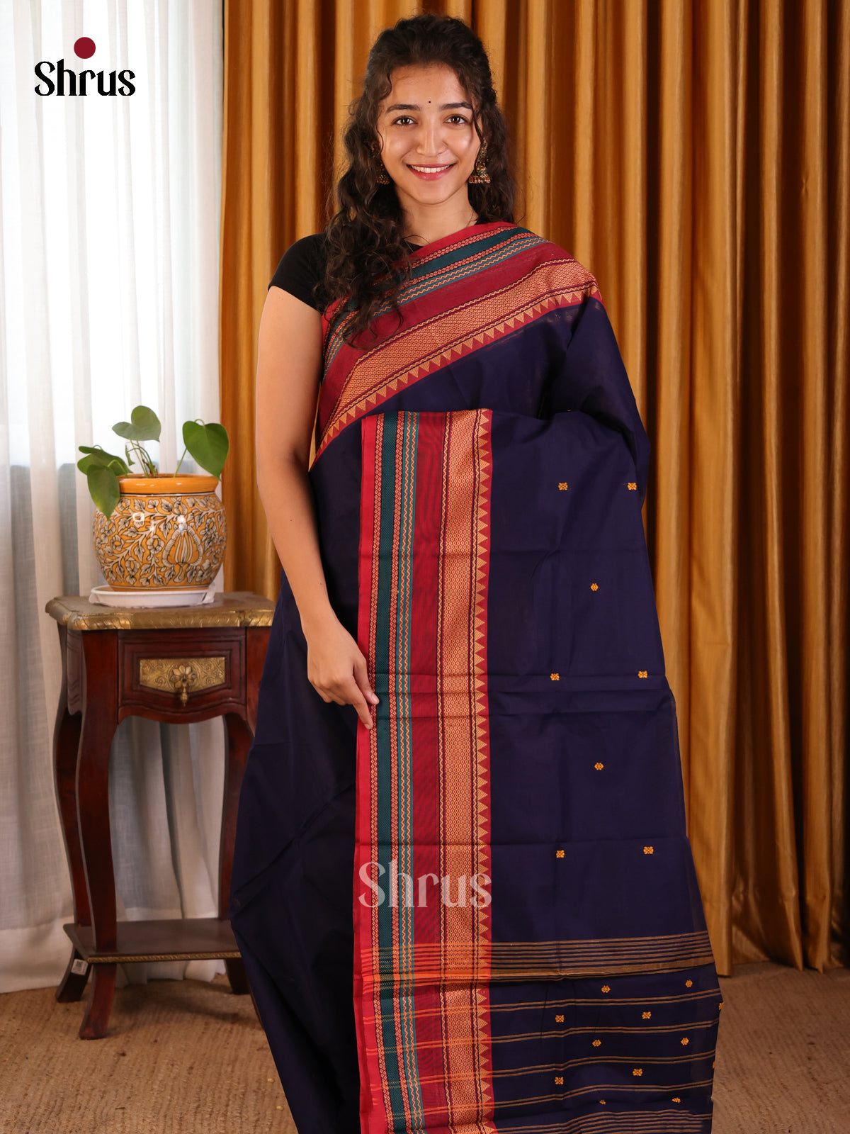 Blue & Red Chettinad Cotton Saree With Thread Woven Buttas & Zari Border - Shop on Shrus.com