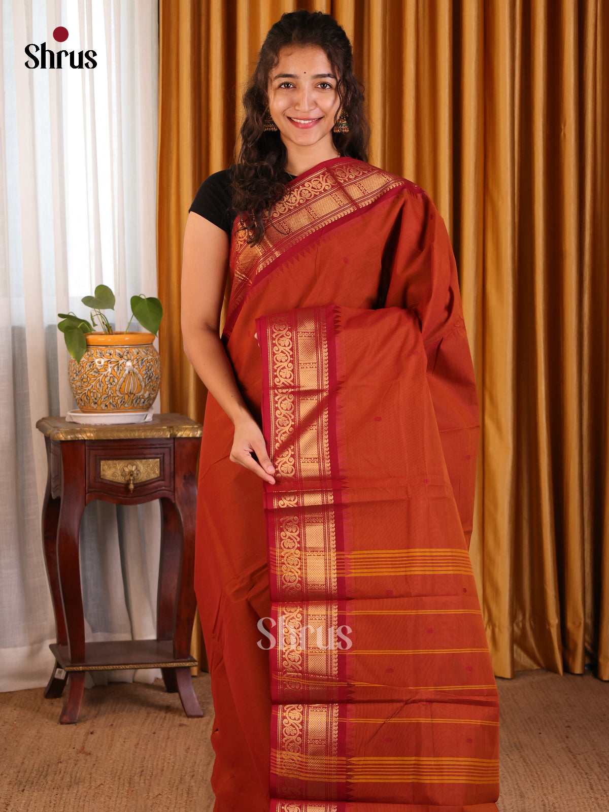 Pretty Brick Chettinad Cotton Saree with Plain Body & Maroon Zari Border - Shop on Shrus.com