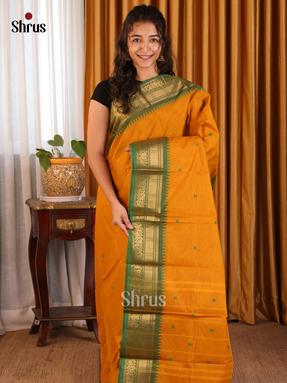 Beautiful Mustard Chettinad Cotton Saree with Green Zari Border & Buttas - Shop on Shrus.com