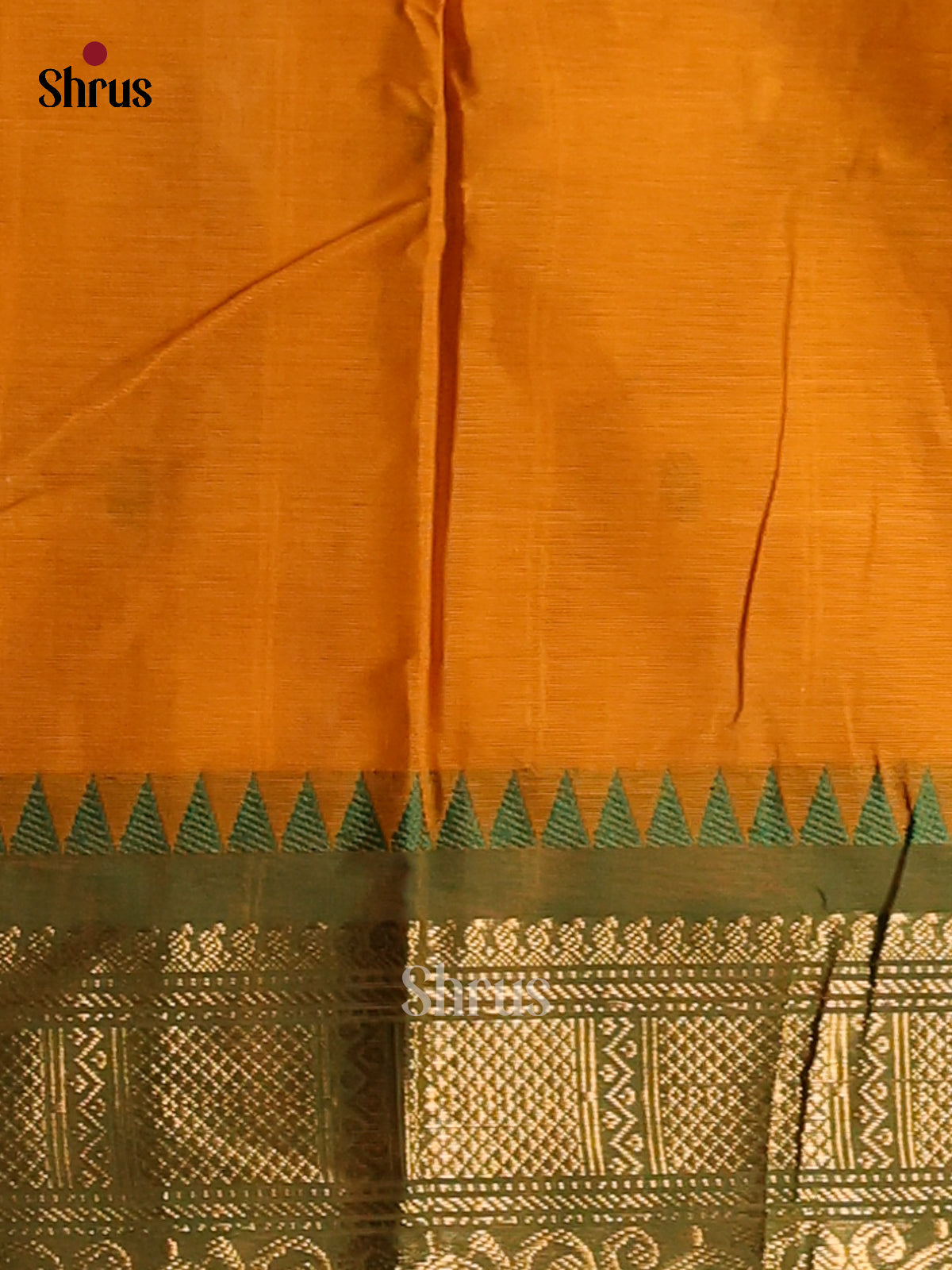 Beautiful Mustard Chettinad Cotton Saree with Green Zari Border & Buttas - Shop on Shrus.com