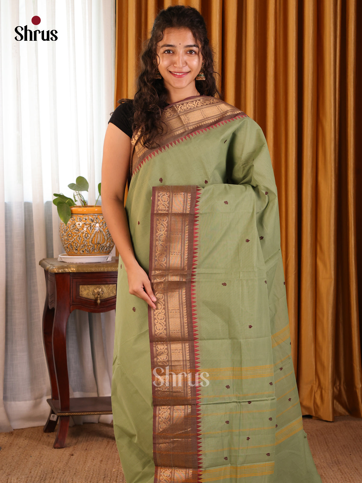 Beautiful Pista Green Chettinad Cotton Saree with Thread Woven & Brown Zari Woven Border - Shop on Shrus.com