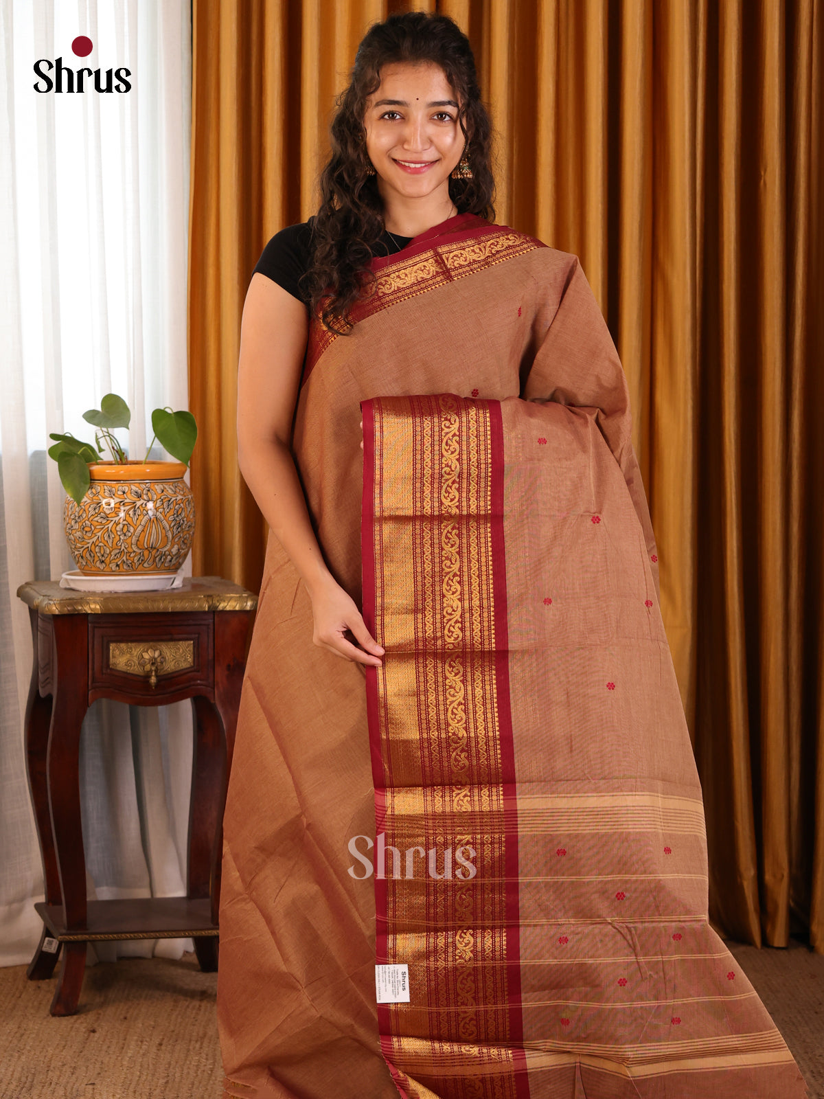Brown with Maroon- Chettinad Cotton Saree - Shop on Shrus.com