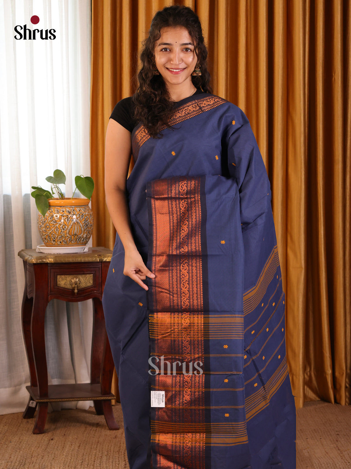Timeless Blue Chettinad Cotton Saree With Zari Woven Border & Pallu - Shop on Shrus.com