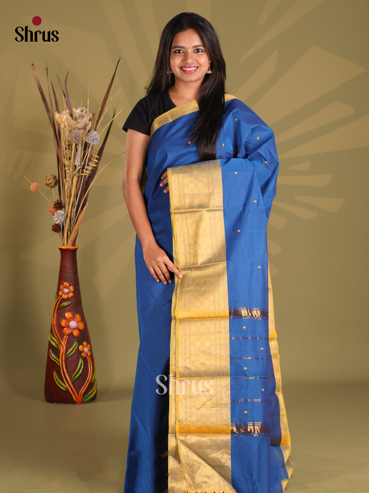 Blue & Green - Chettinad Cotton Saree - Shop on Shrus.com