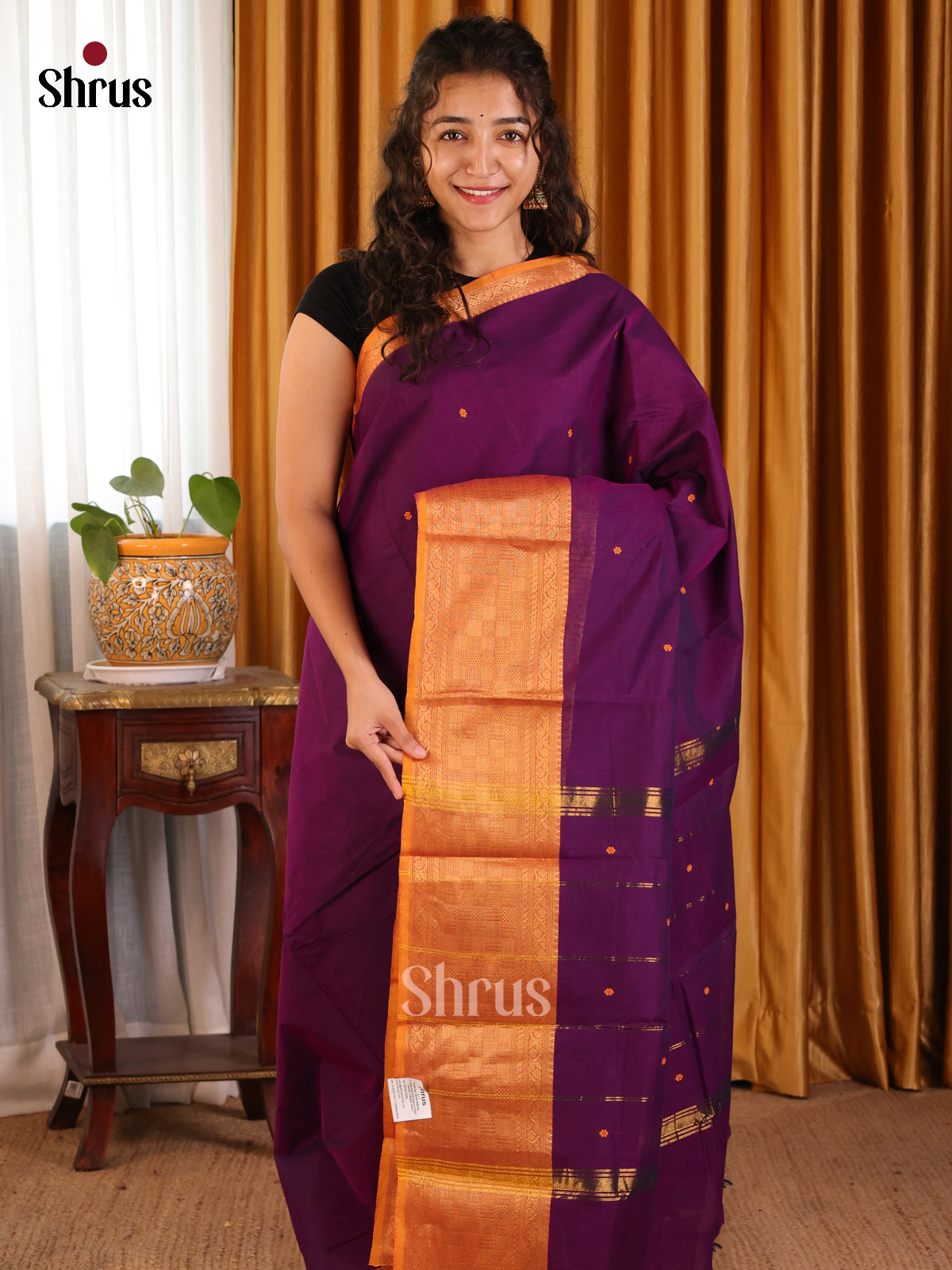 Violet & Orange Chettinad Cotton Saree With Thread Buttas & Zari Woven Border - Shop on Shrus.com